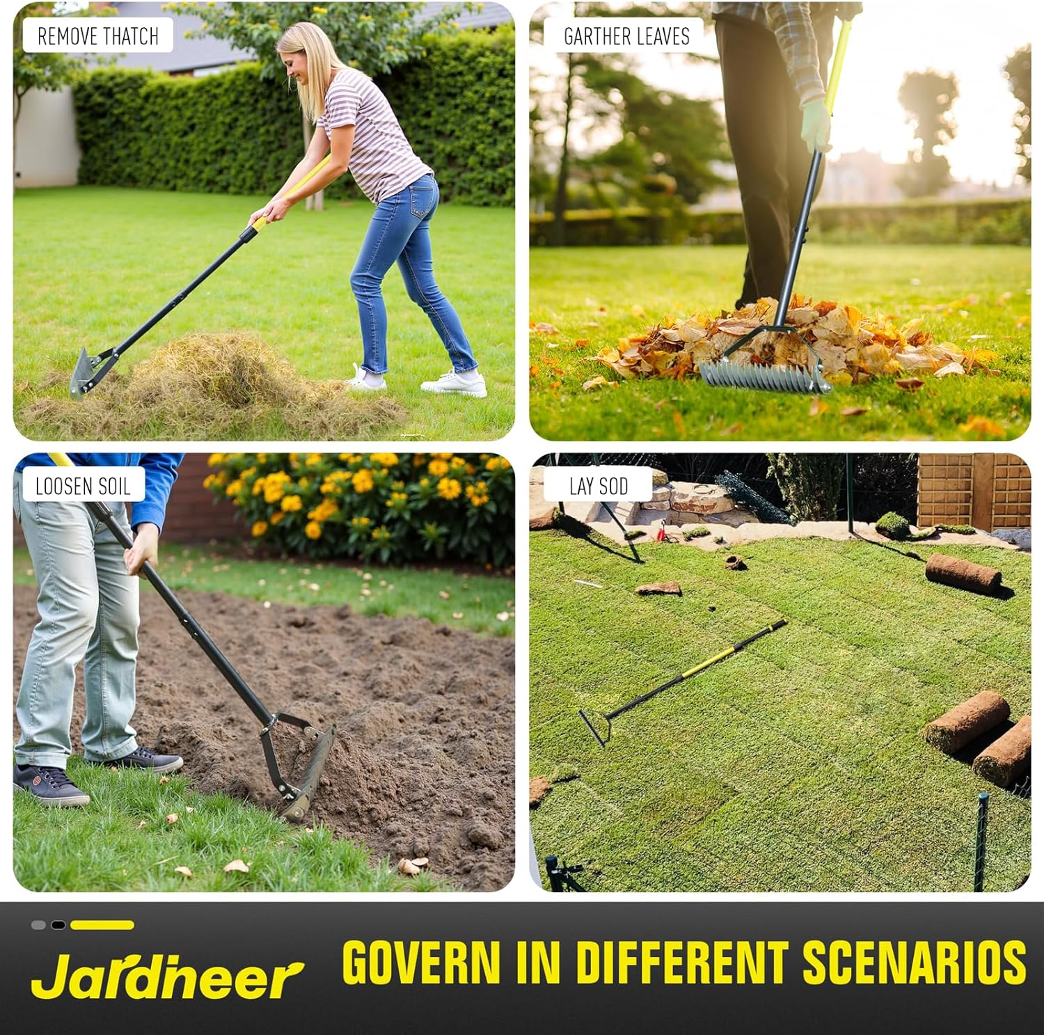 Jardineer Thatch Rake for Lawns, 61.4" Long Handle Manual Dethatcher w