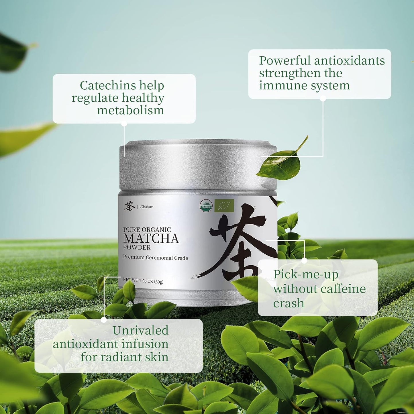 Chaism Ceremonial Grade Matcha Green Tea Powder - Premium First Harvest USDA Organic Gluten-Free Vegan, 100% Pure Unsweetened No Additives, 1.06oz Tin
