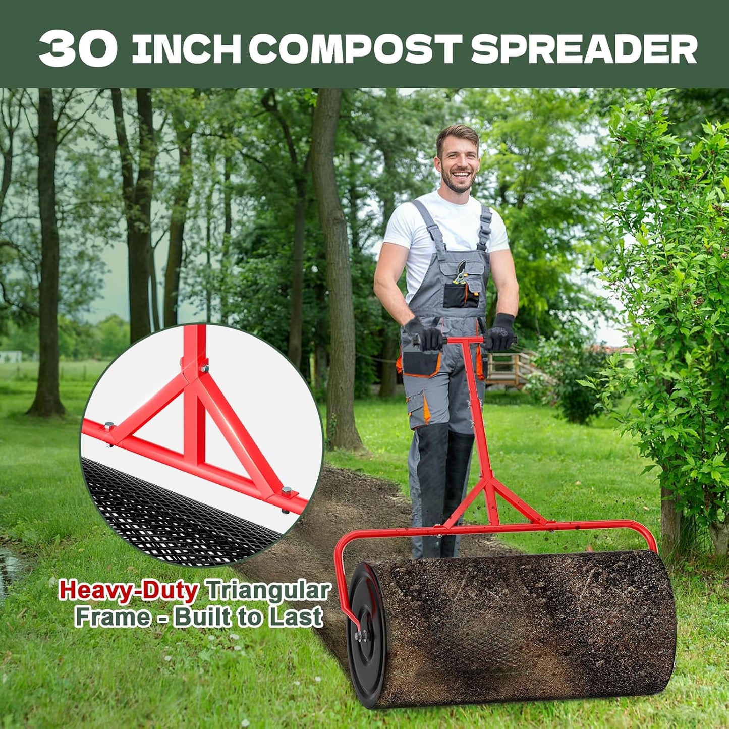 Compost Peat Moss Spreader for Lawn, 30 Inch Compost Roller Spreader w