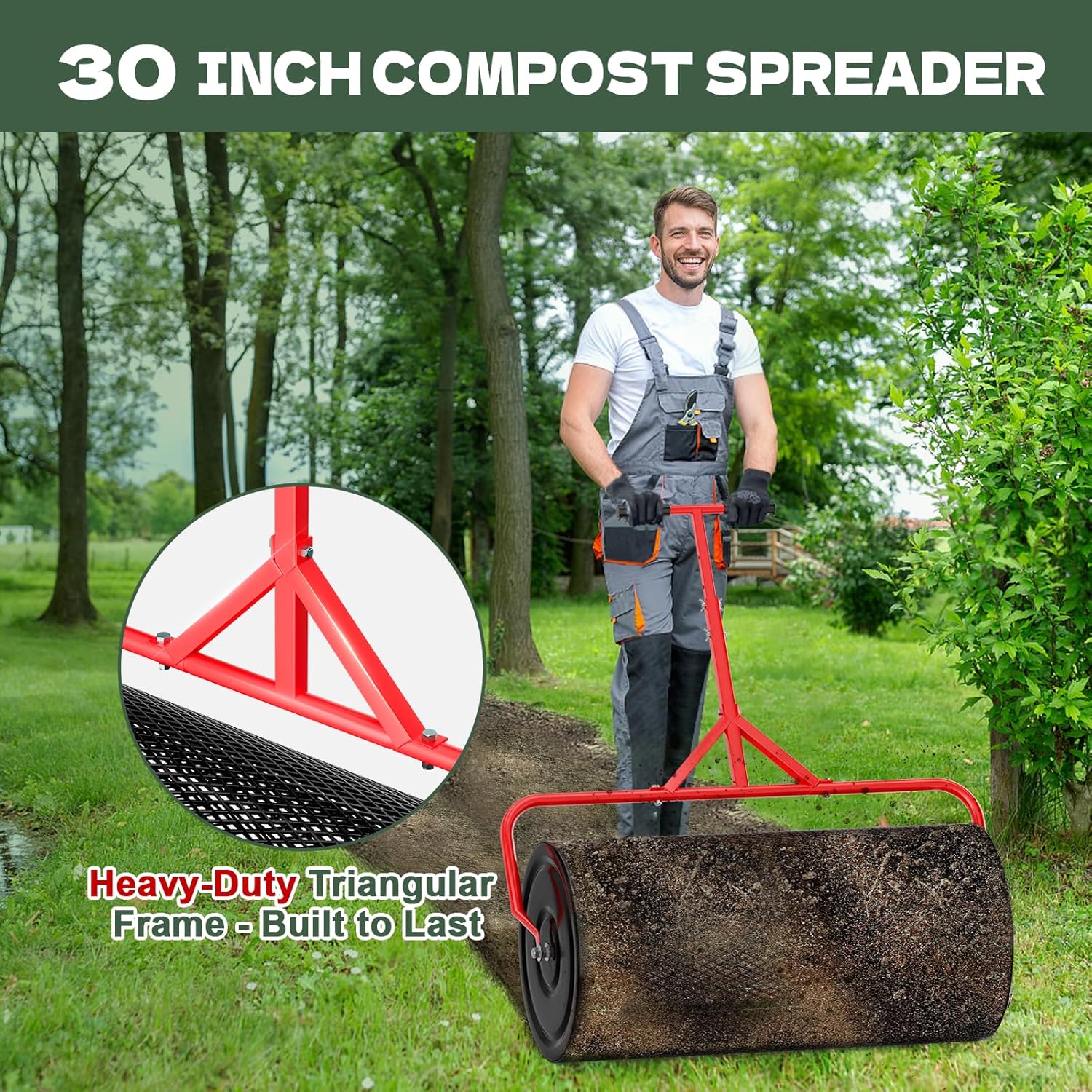 Compost Peat Moss Spreader for Lawn, 30 Inch Compost Roller Spreader w