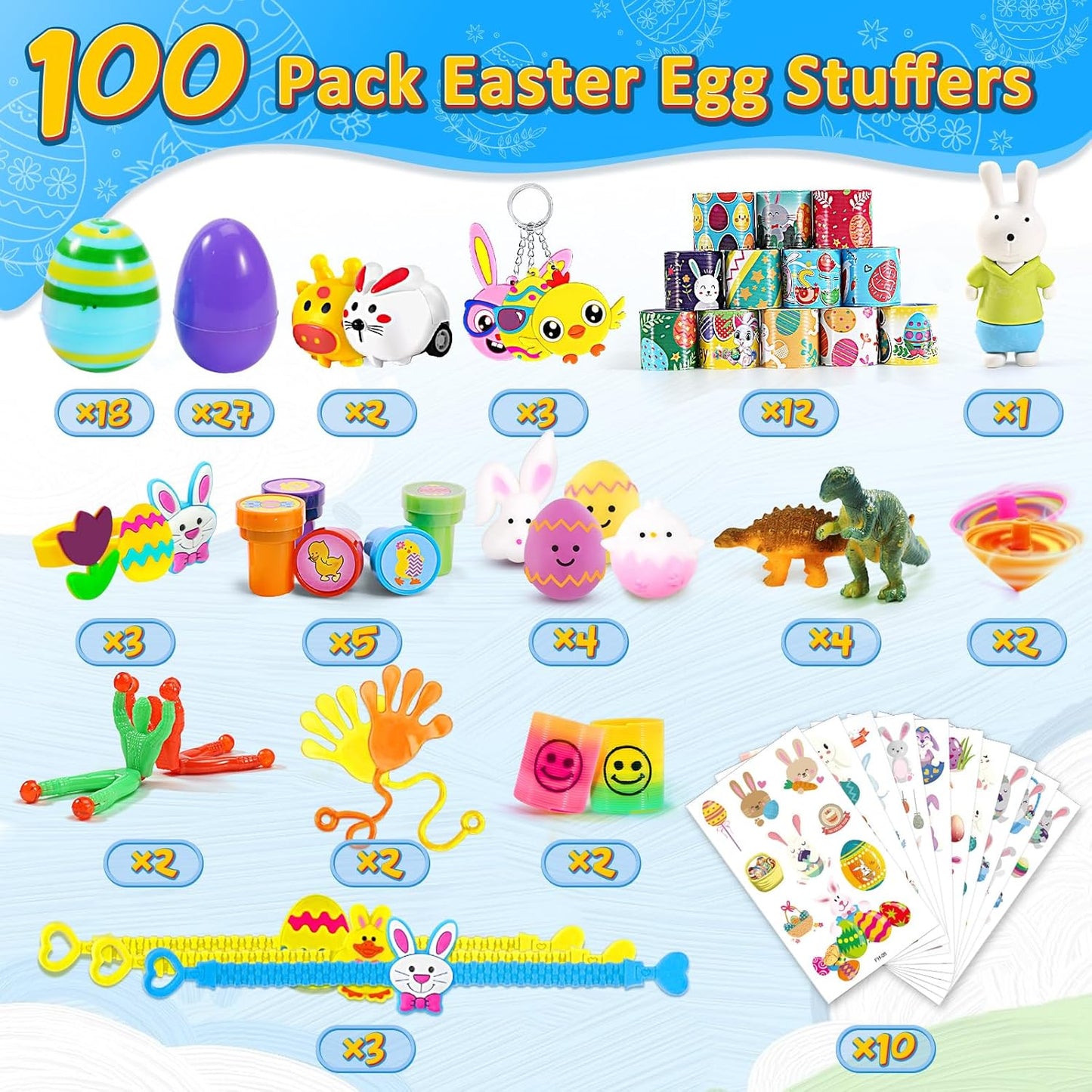 WEARXI 100PCS Prefilled Easter Eggs with Toys, Easter Basket Stuffers, Easter Eggs Filled, Easter Basket Stuffers for Toddler Teens Boy Girl, Plastic Easters Egg, Party Favors Easters Gifts for Kids