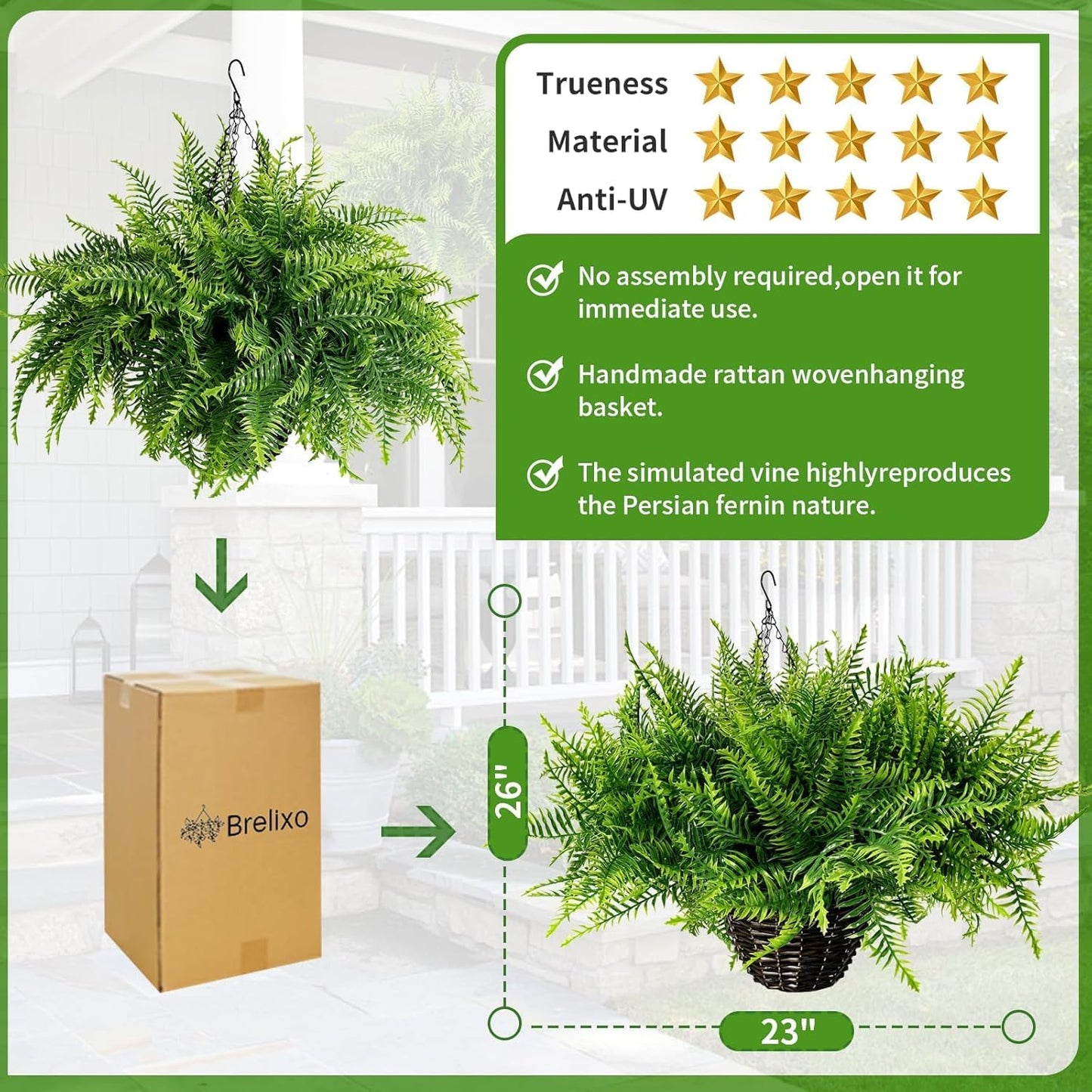2PCS Fake Hanging Plant- Boston Ferns UV Resistant Plastic Plants - Perfect for Outdoor Décor with Lifelike Beauty (Persian-Green)