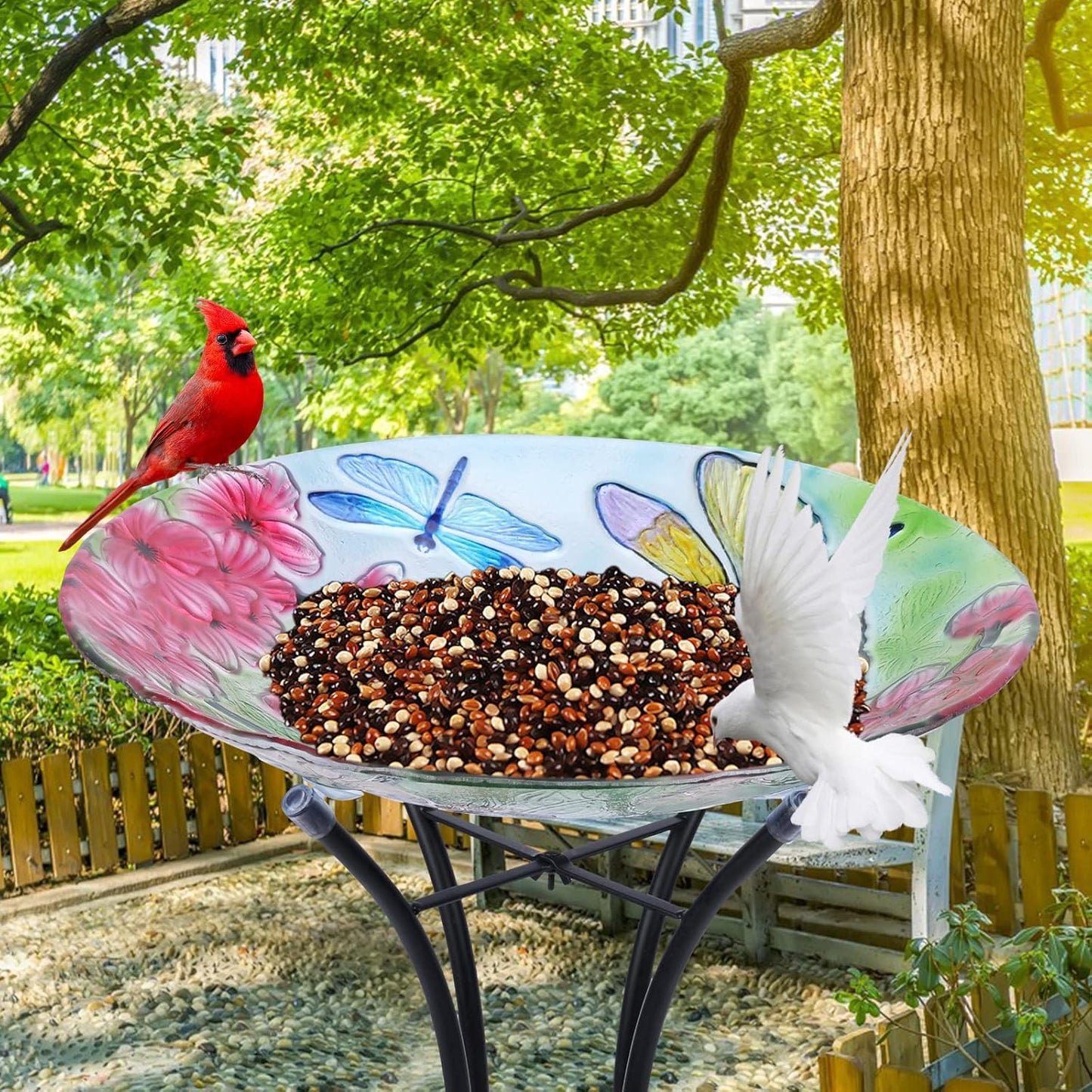 MUMTOP Bird Bath-Bird Baths for Outdoors - Dragonfly Large Bird Bath Bowl with Metal Stand, Glass BirdBaths for The Garden Lawn Yard Decor
