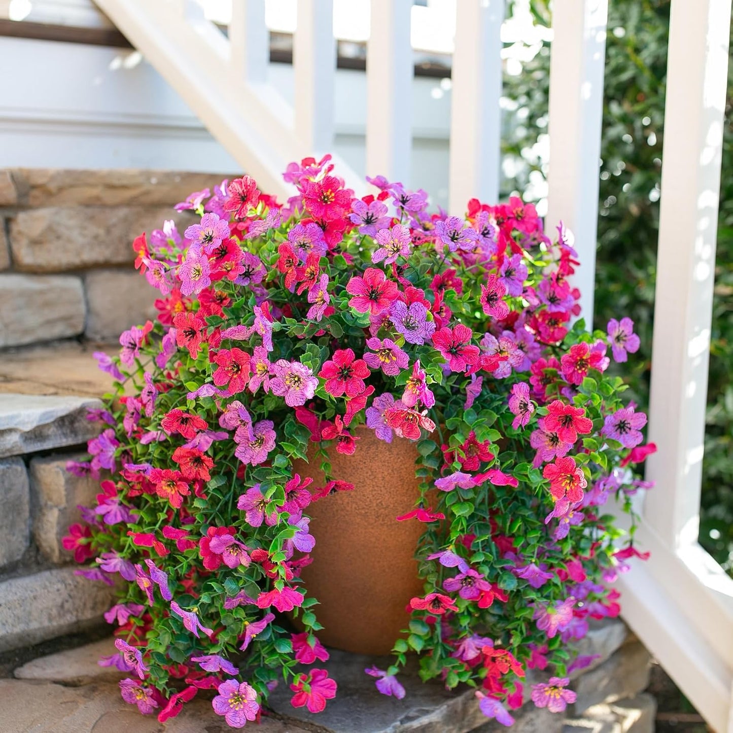 HyeFlora Artificial Flowers for Outdoors Fake Hanging Decoration, 2Pcs Purple and Hotpink Spring Decor, Realistic Plants, UV & Fading Resistant Silk Flower for Porch Patio Balcony Planter Yard