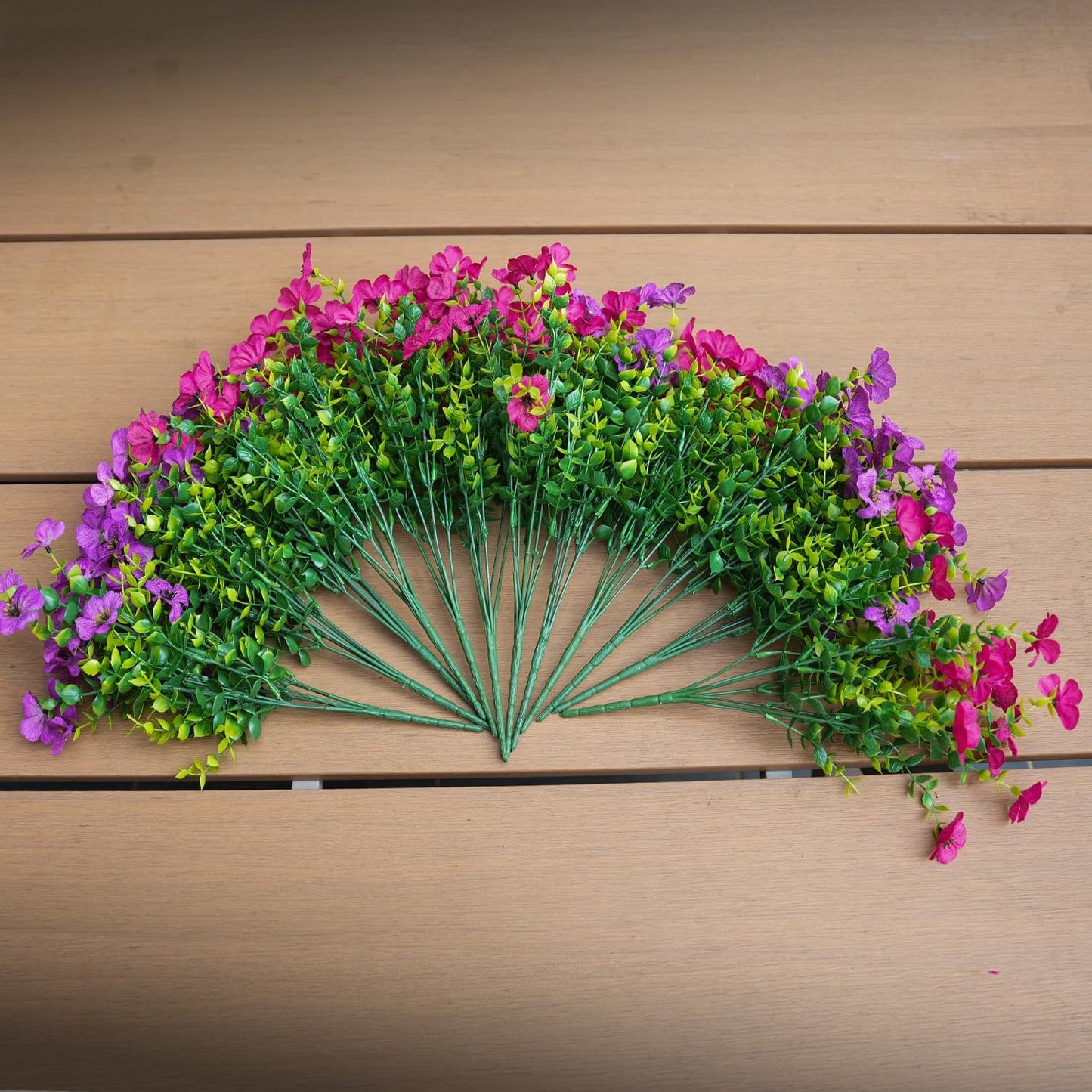 Artificial Faux Outdoor Indoor Plants Flowers for Spring Summer Decoration, 12 Bundles Fake Silk Daisy Eucalyptus Realistic UV Resistant for Outside Planter Pot Window Porch .（Purple and pink）
