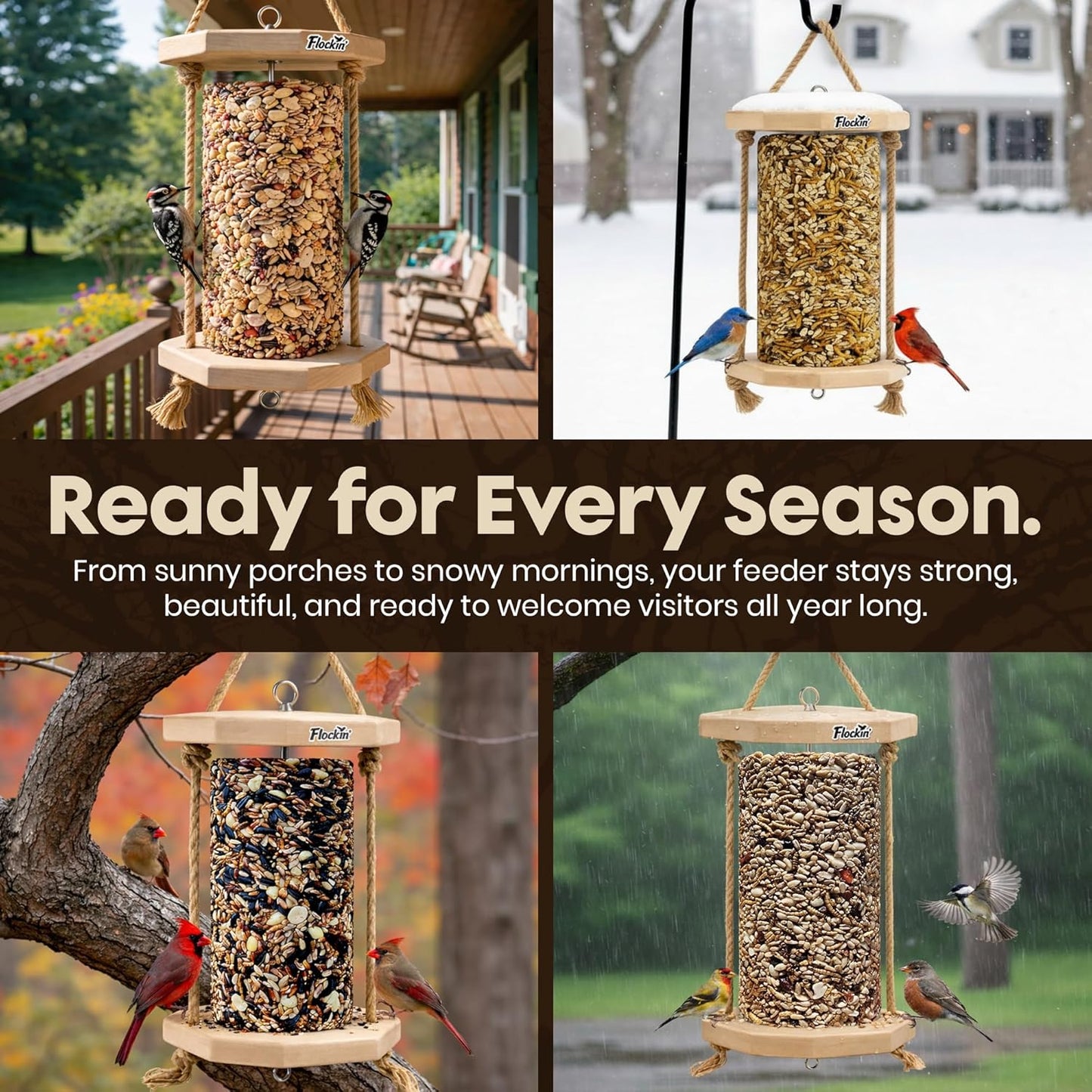 Cylinder Bird Feeders for Outdoors - Weather Resistant Wood Cylinder Feeder with a Bird Safe Protective Clear Finish - Holds Bird Seed Cylinders with Hole, Logs, & Birdseed Cakes