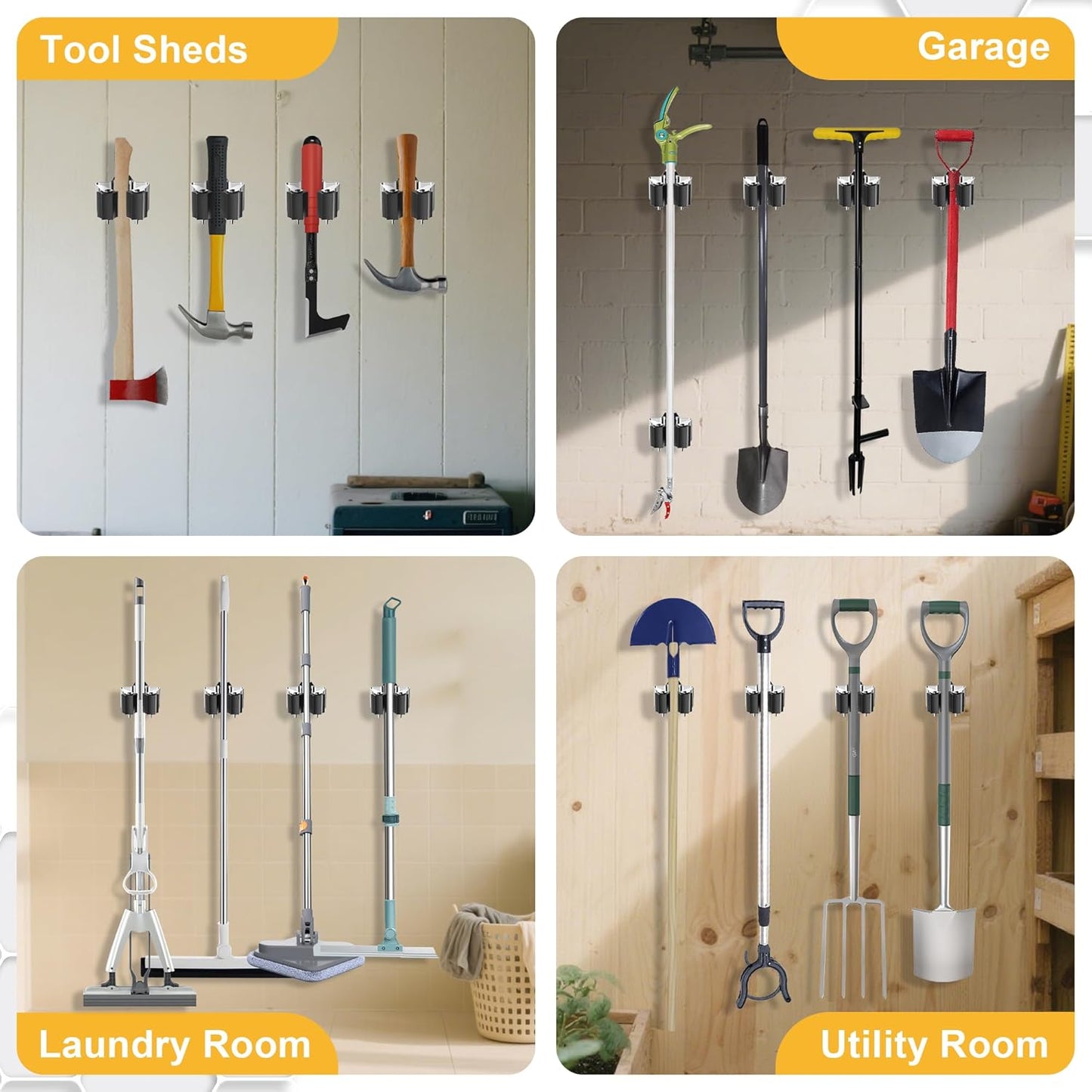 Broom Holder Wall Mount, 12 Pack Single Metal Mop Clips & Gripper, Wall Mounted Hanger with Star-Shaped Rollers and Nickel Plated Brackets for Garden Tools Storage
