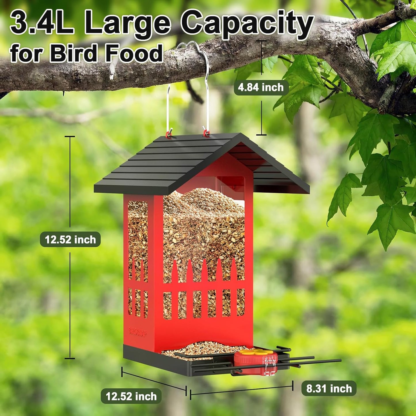 birdsnap® PHE - Bird Feeder House, 3.4L Metal Bird Feeders for Outside Hanging, 2-in-1 Hummingbird Feeder Weatherproof Large Capacity for Garden Feather Watching