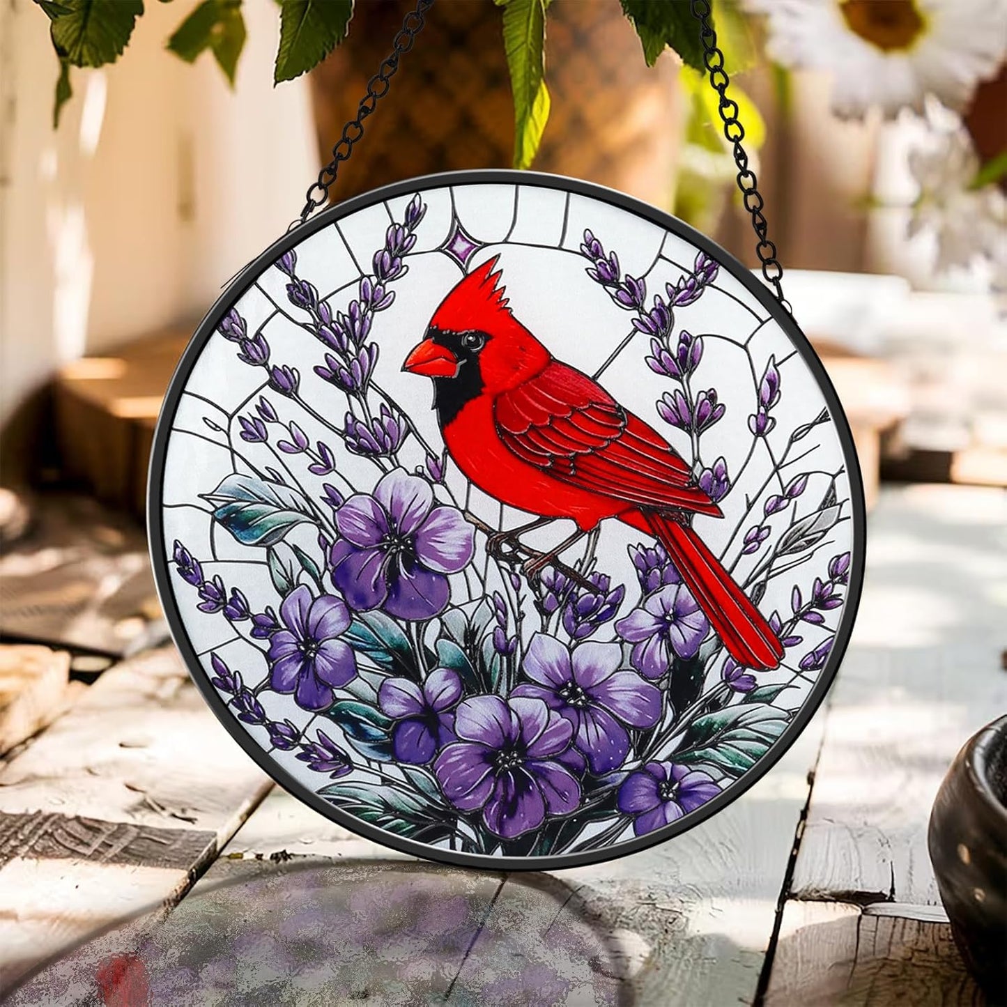 Stained Glass Window Hanging, Cardinal on a Flower Sun Catcher for Window Door Home Decor Suncatcher Decor for Christmas Mother's Day Birthday Gifts for Women Men Mom and Nana 7.87 inch