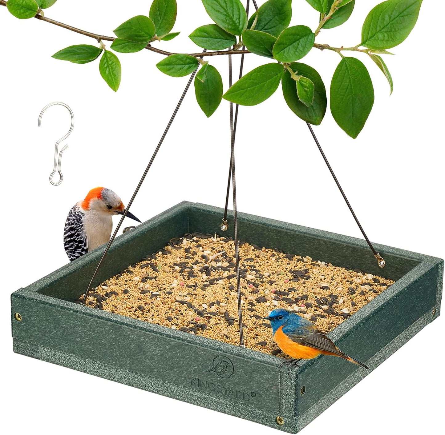 Kingsyard WPC Composite Platform Bird Feeder for Outside, Heavy Duty Hanging Tray for Mealworms & Seeds, 3.5 lbs Large Capacity, Weatherproof Recycled Plastic Material, Easy to Clean, Green