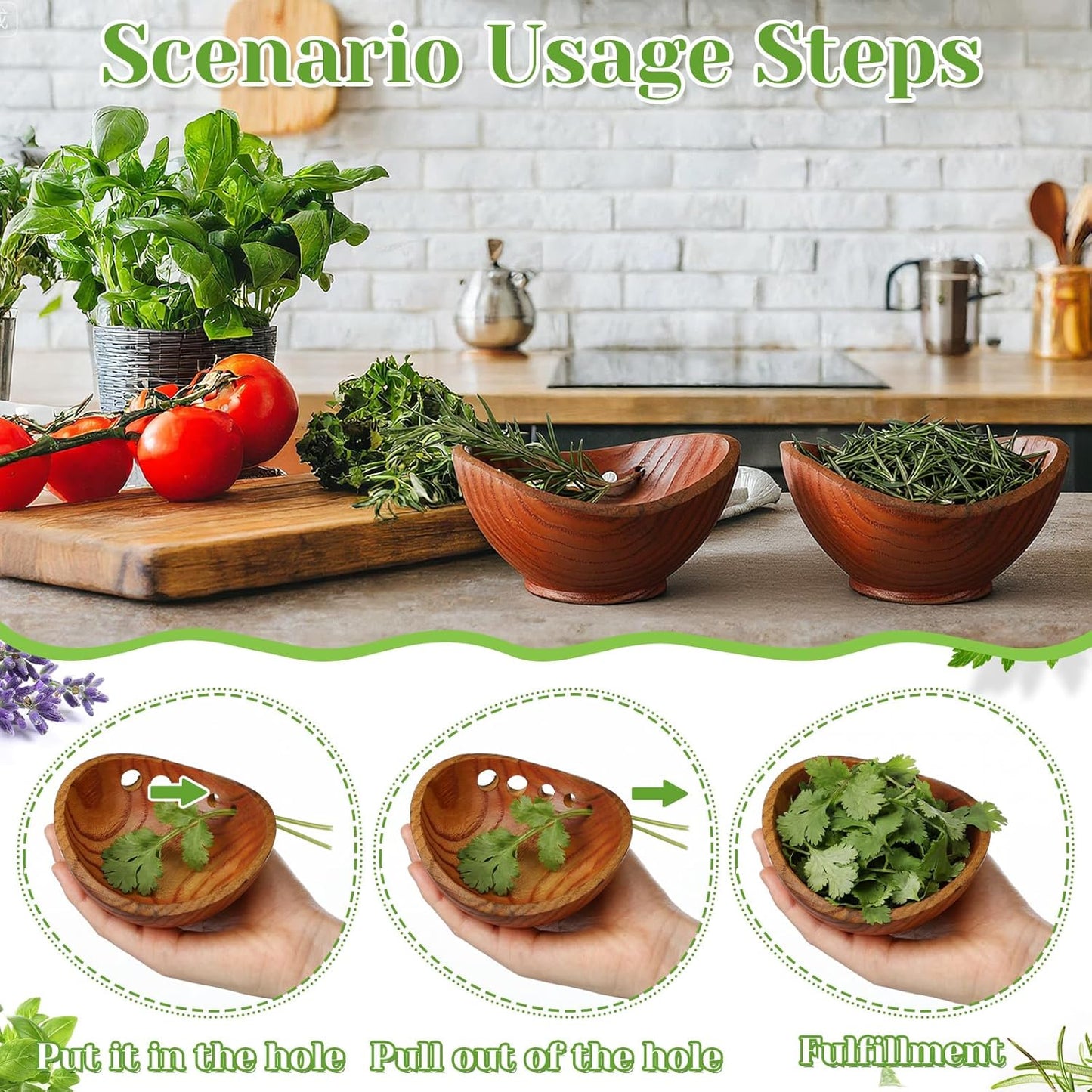 Novabright 2 Pack Wooden Herb Stripper Bowls, Wood 5 Holes Kitchen Herbs Peeling Bowl, Leaf Stripping Peeler for Separating Leaves and Stems, Salads & Cooking, Pottery Kitchen Tool