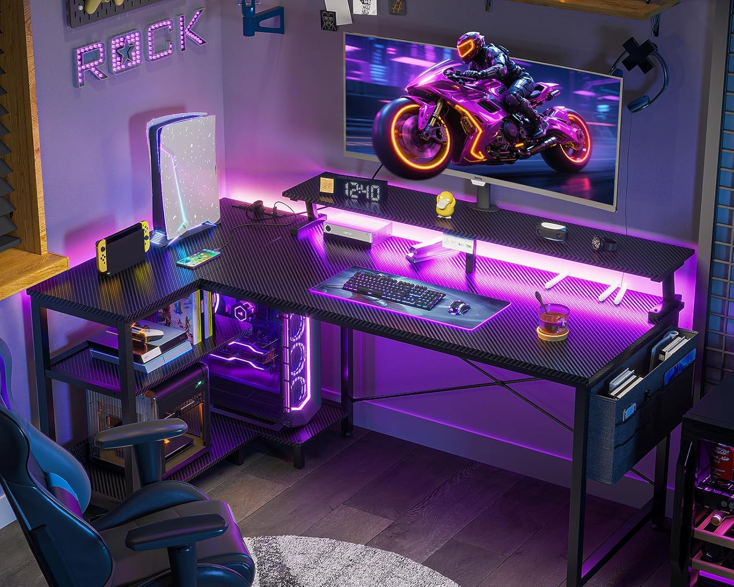 ODK 48 Inch Gaming Desk with USB Charging Ports and LED Lights, Revers
