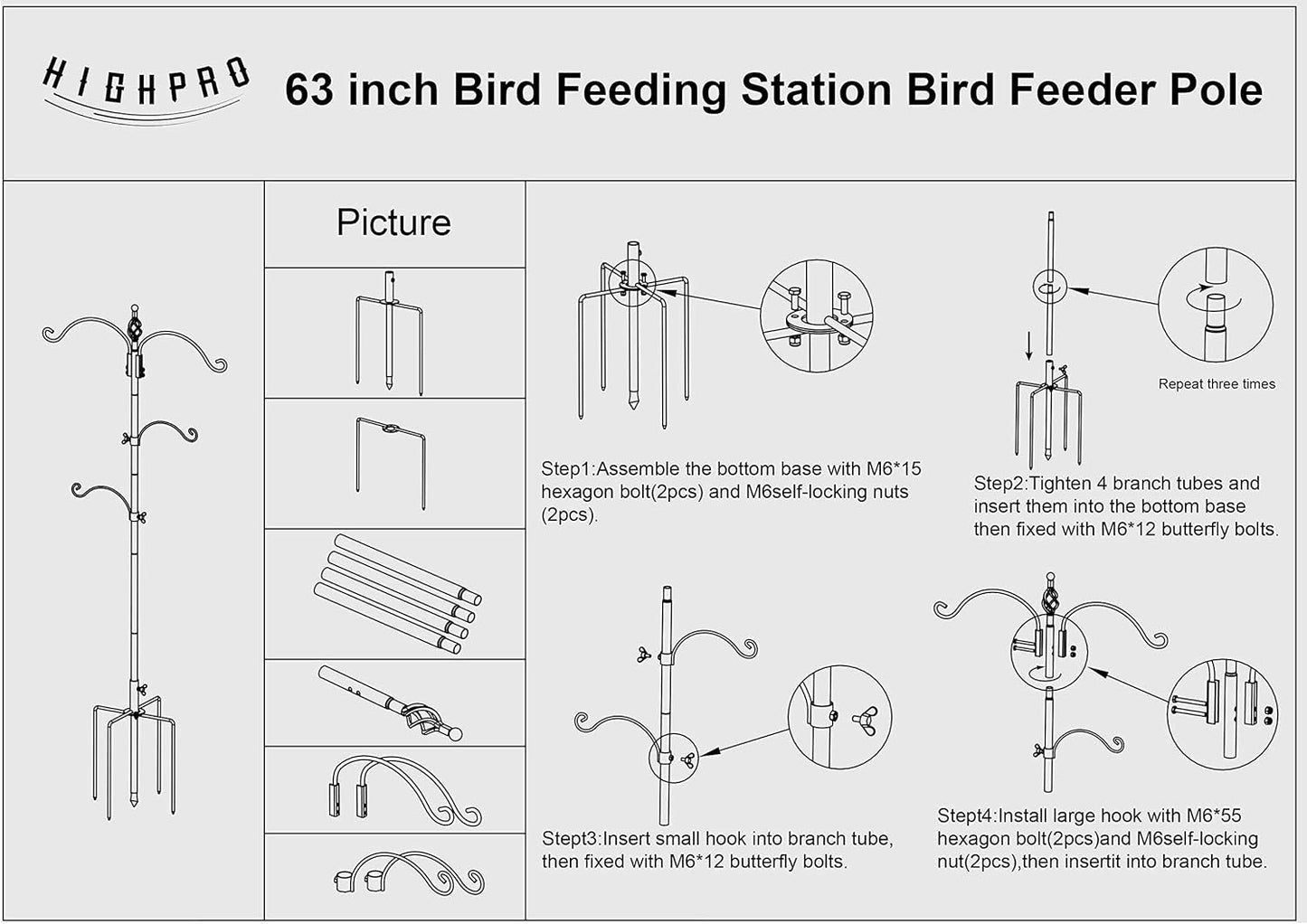 Bird Feeding Station Feeder Pole - Multi Hook 63 inches Stand for Watching Attracting Wild Bird Outdoor Hanging Pole by Highpro, 5-Prong Anchor Base