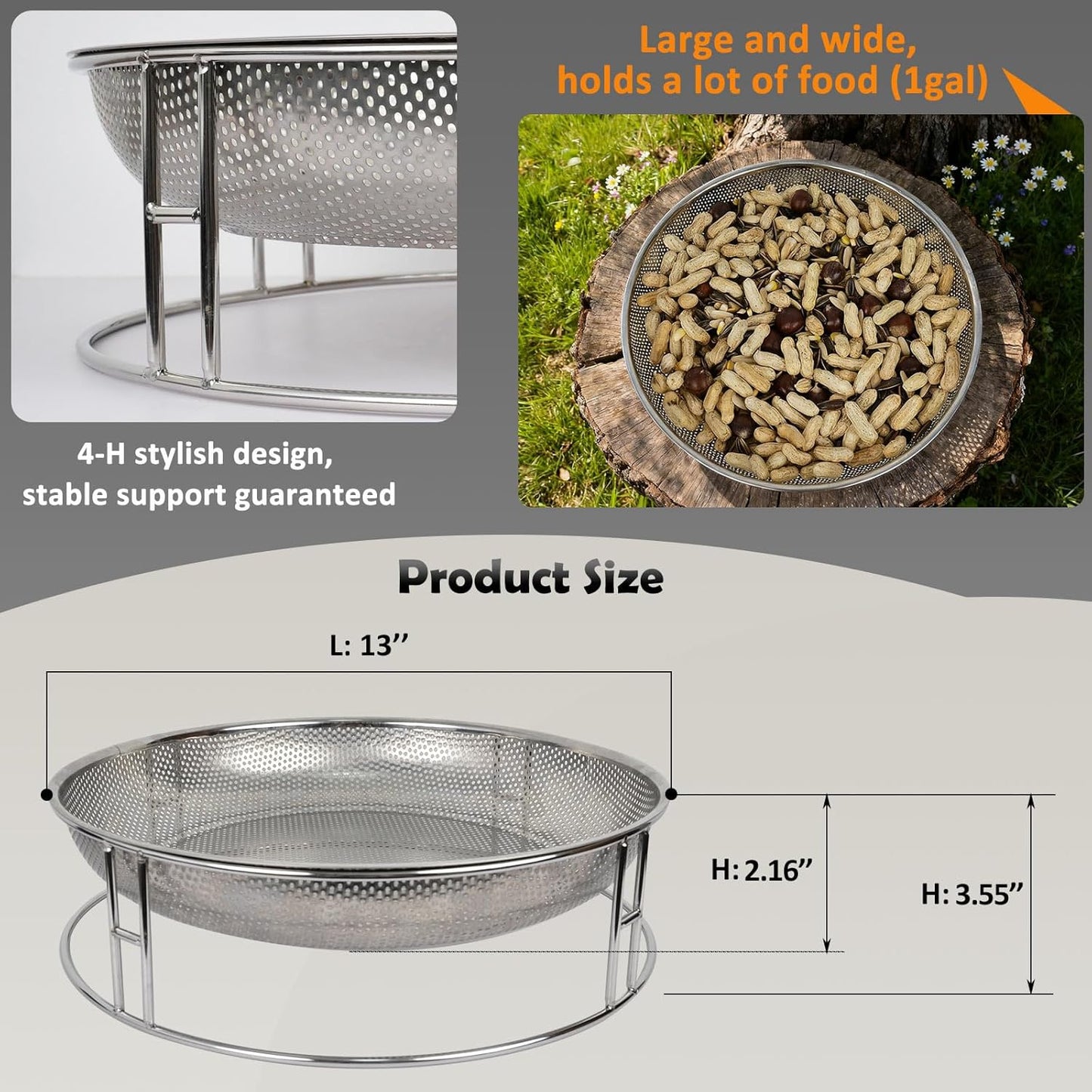 13-Inch Ground Bird Feeder, Stainless Steel Ground Feeding Platform fo