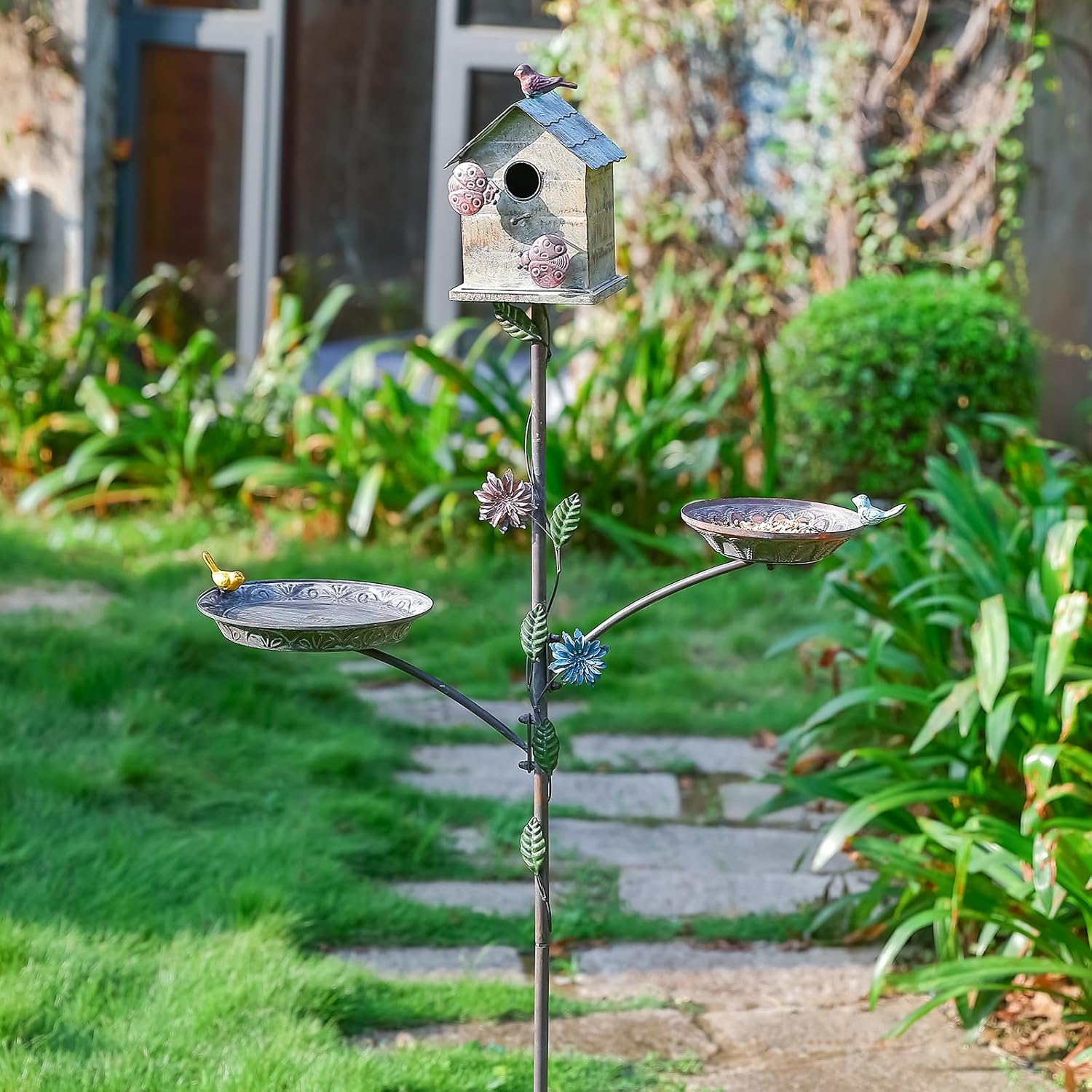 69" H 3-in-1 Metal Bird House with Stake - Free Standing Bird Bath & F