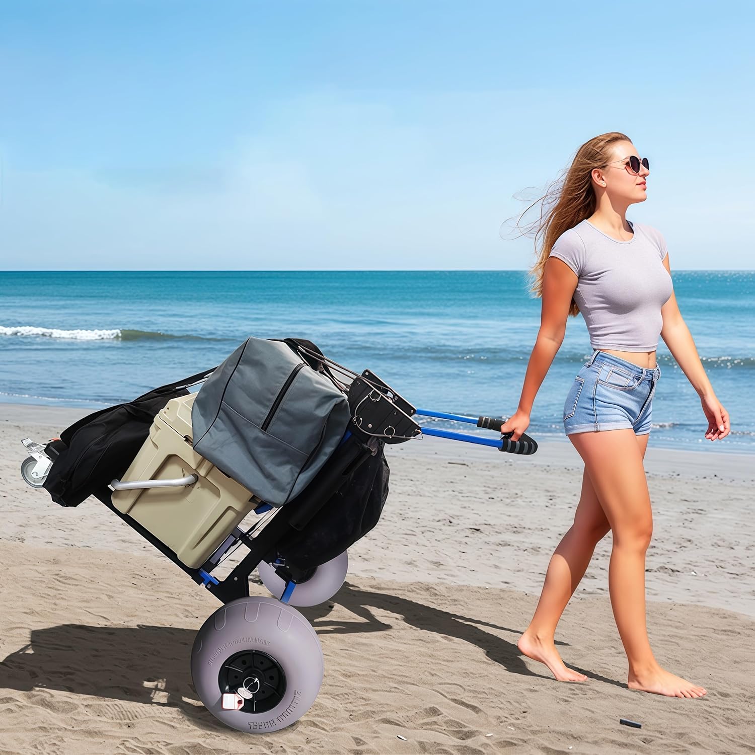 Beach Cart Foldable Fishing Trolley with 12 inch Balloon Wheels for Sa
