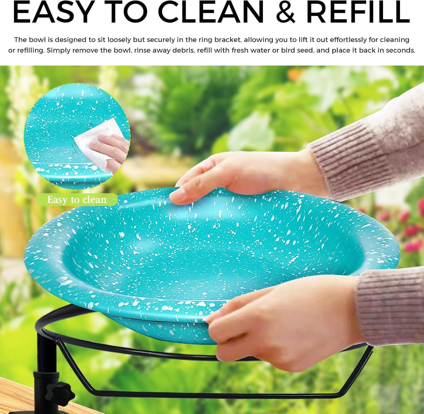 Deck Mounted Bird Bath,Premium Bird Water Feeder Bowl with Adjustable Clamp for Railing–Detachable & Weather Resistant Outdoor Garden Decor 11.5Inch (Sky Blue with White Dots)