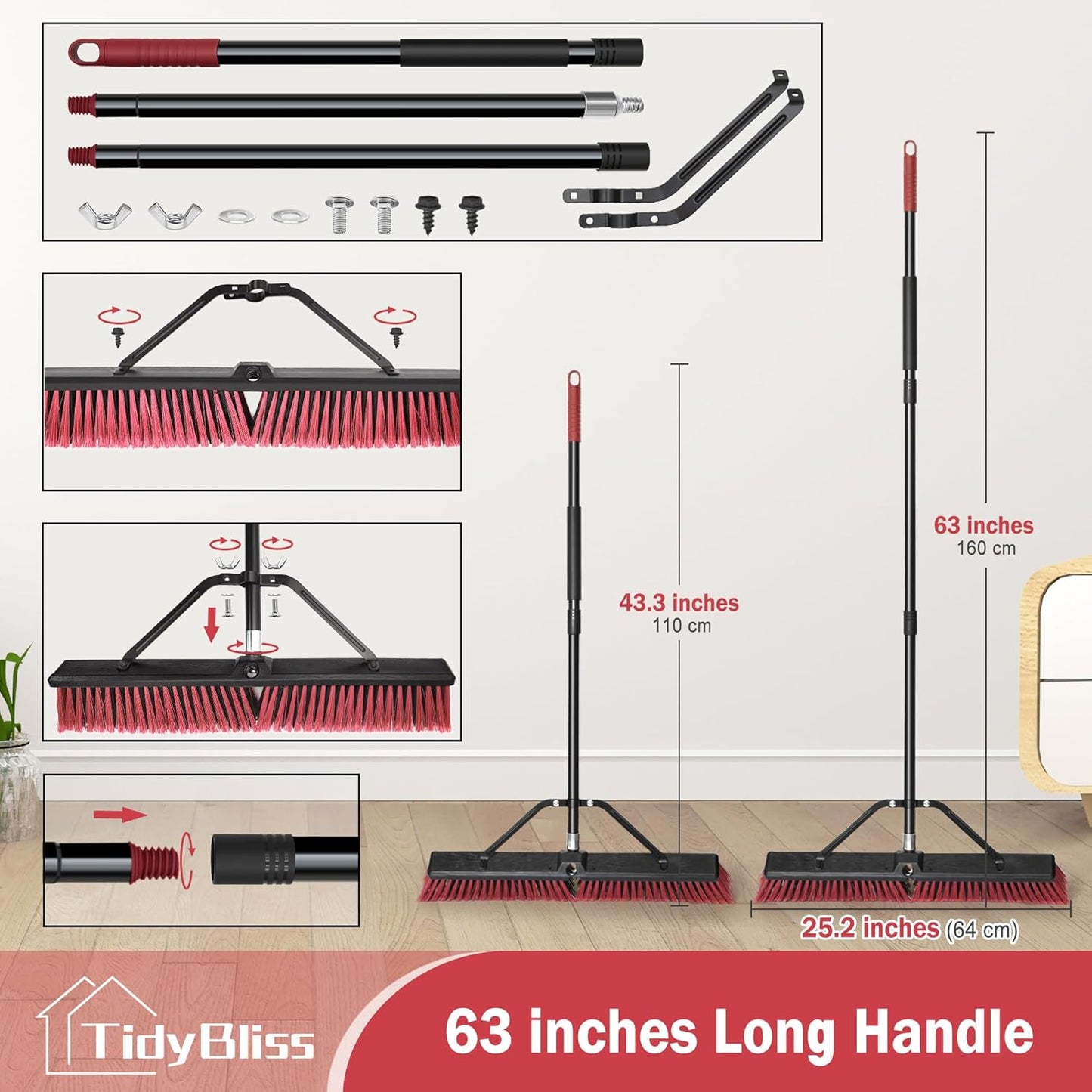 24” Push Broom Outdoor Heavy Duty 2 Pack, Large Commercial Stiff Bristle Brush with 63 inches Long Handle for Garage Shop Garden Yard Patio Deck Street Warehouse Lawn Driveway (Red)