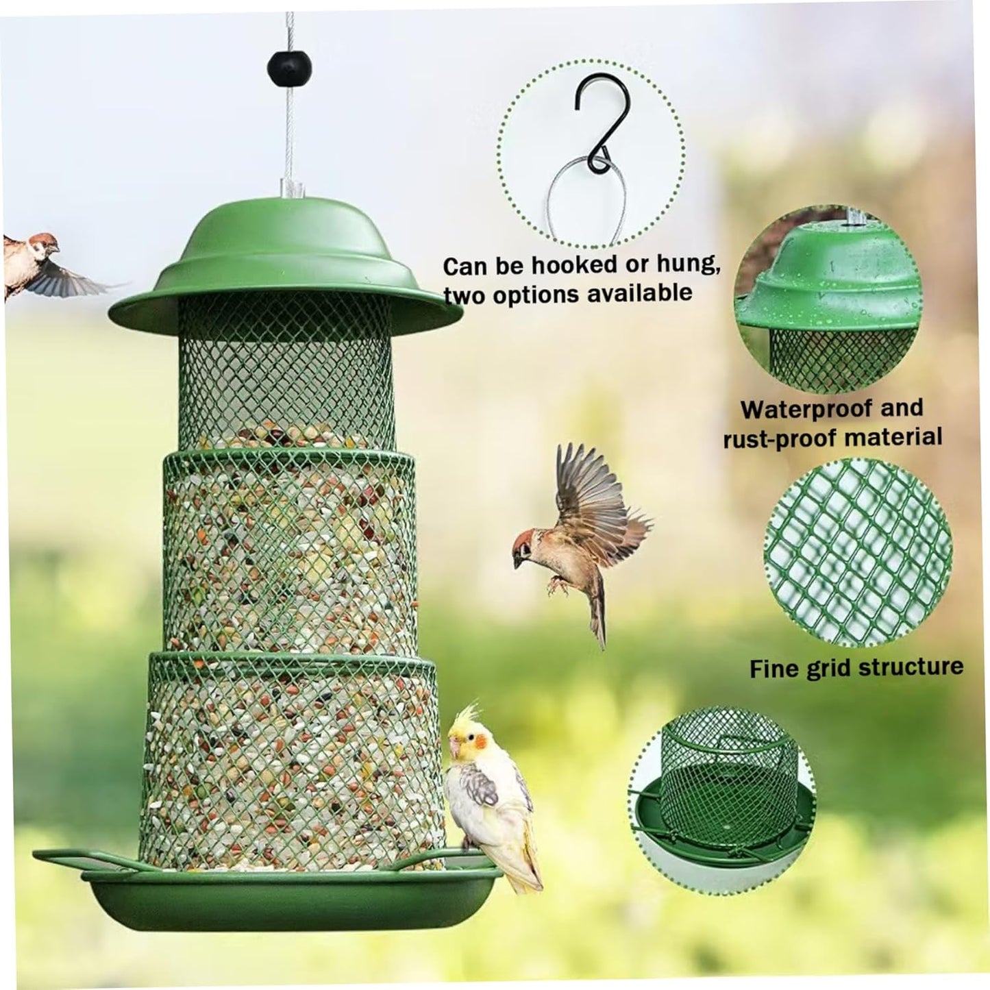 Hanging Bird Feeder, Portable and Collapsible Metal Bird Feeder with Tray Large Capacity Weatherproof Rainproof Wild Birdfeeder for Balcony and Backyard, Square