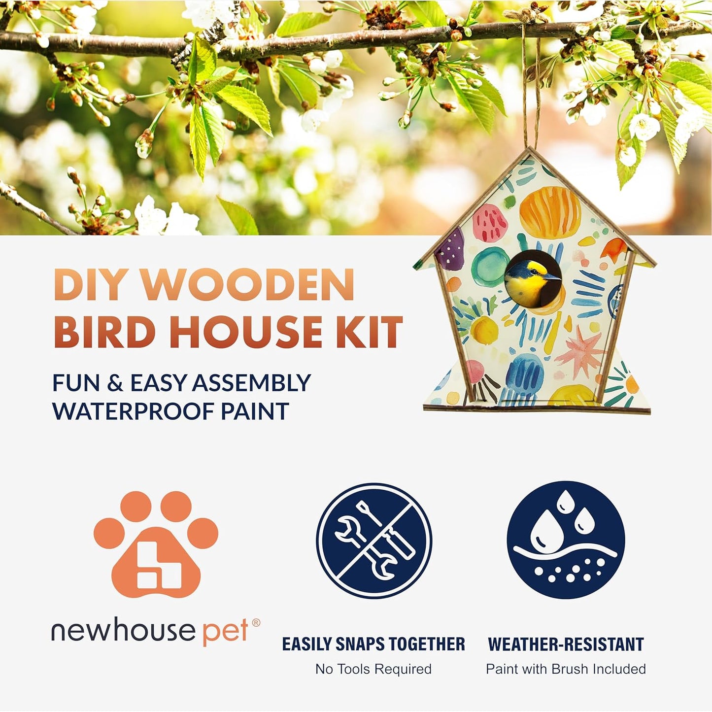 Newhouse Pet DIY Wooden Birdhouse Kit NHP-DIYH-SQ, Easy-to-Build DIY Birdhouse Kit for Kids, Arts and Crafts for Adults and Kids, Bird House for Outside with Weather-Resistant Acrylic Paints