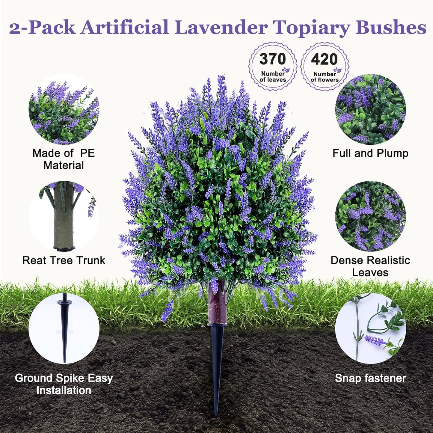 Fake Lavender Plant Set of 2: 24" Tall Outdoor Artificial Plants with Ground Spike, UV Resistant for Indoor/Outdoor Decor
