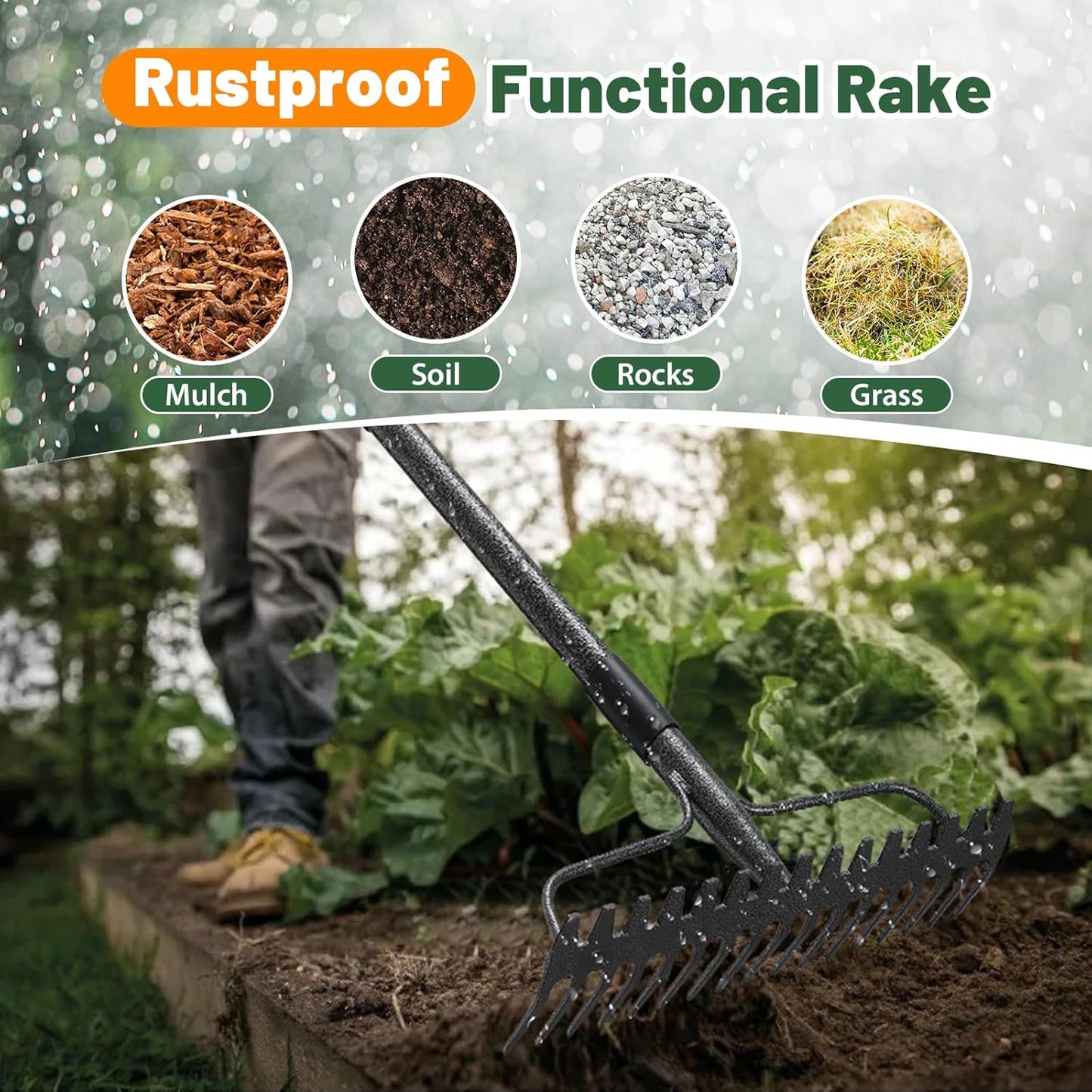Garden Rake, 63 Inch Long Handle with 17 Tongs, Heavy Duty Metal Bow R