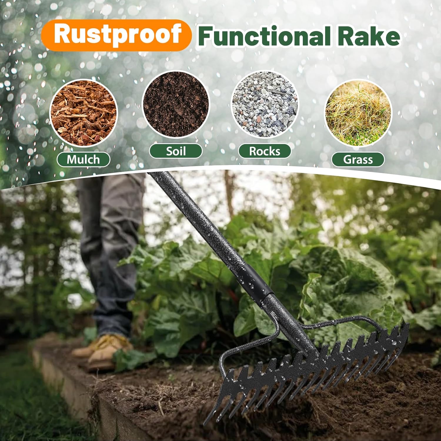 Garden Rake, 63 Inch Long Handle with 17 Tongs, Heavy Duty Metal Bow R