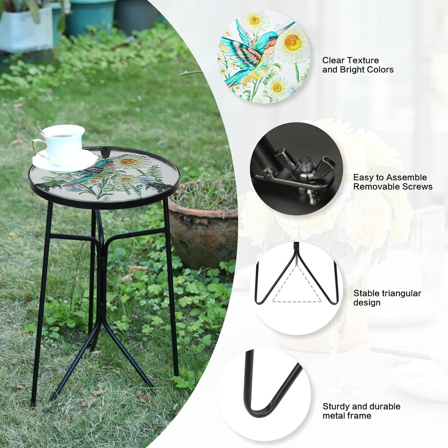 VCUTEKA Patio Side Table Outdoor Accent Table Bistro Coffee Table Plant End Table Small Porch Table Indoor Round Glass Balcony Plant Table Stands Golden Transparent Hummingbird 12 inches