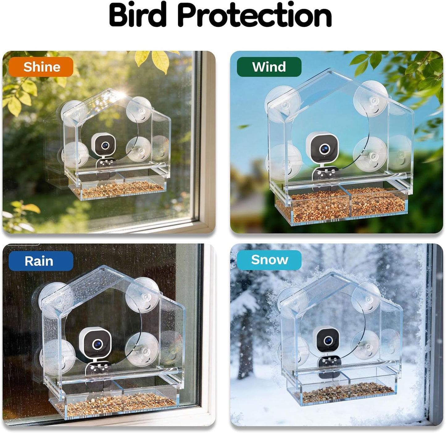 Window Bird Feeder with Camera, Window BirdFeeders with Strong Suction Cups, Birdhouse AI Bird Identifier & 2K HD Auto-Capture, Video Unique for Parents, Birding Lovers