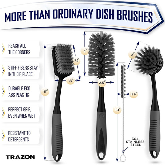 Dish Brush Set of 4 - Kitchen Scrub Brushes with Non-Slip Long Handle for Cleaning, Scrubber, Dishwashing, Dishes, Bottles, Straws, Cups, Pots & Sink, Black