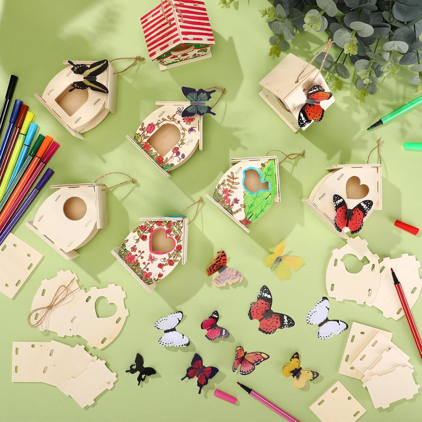 Outus 12 Pcs Wooden Birdhouse Craft Kits to Build, 4 Shapes Wooden Unfinished Bird House with Butterfly Sticker for and Arts Crafts Bulk Painting Kits(Lovely Style,3.6×4 Inch)