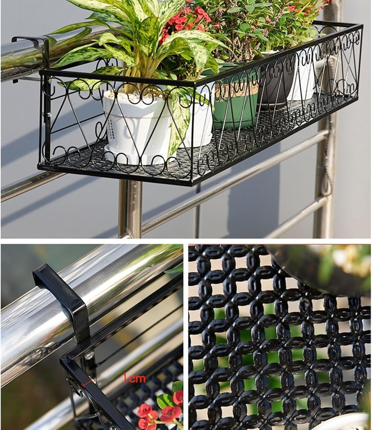 Black & White Railing Planter - Outdoor Fence Planters & Hanging Flower Pot Stand, Durable Plant Shelf for Garden, 60x30x18cm, Perfect for Flowers & Herbs