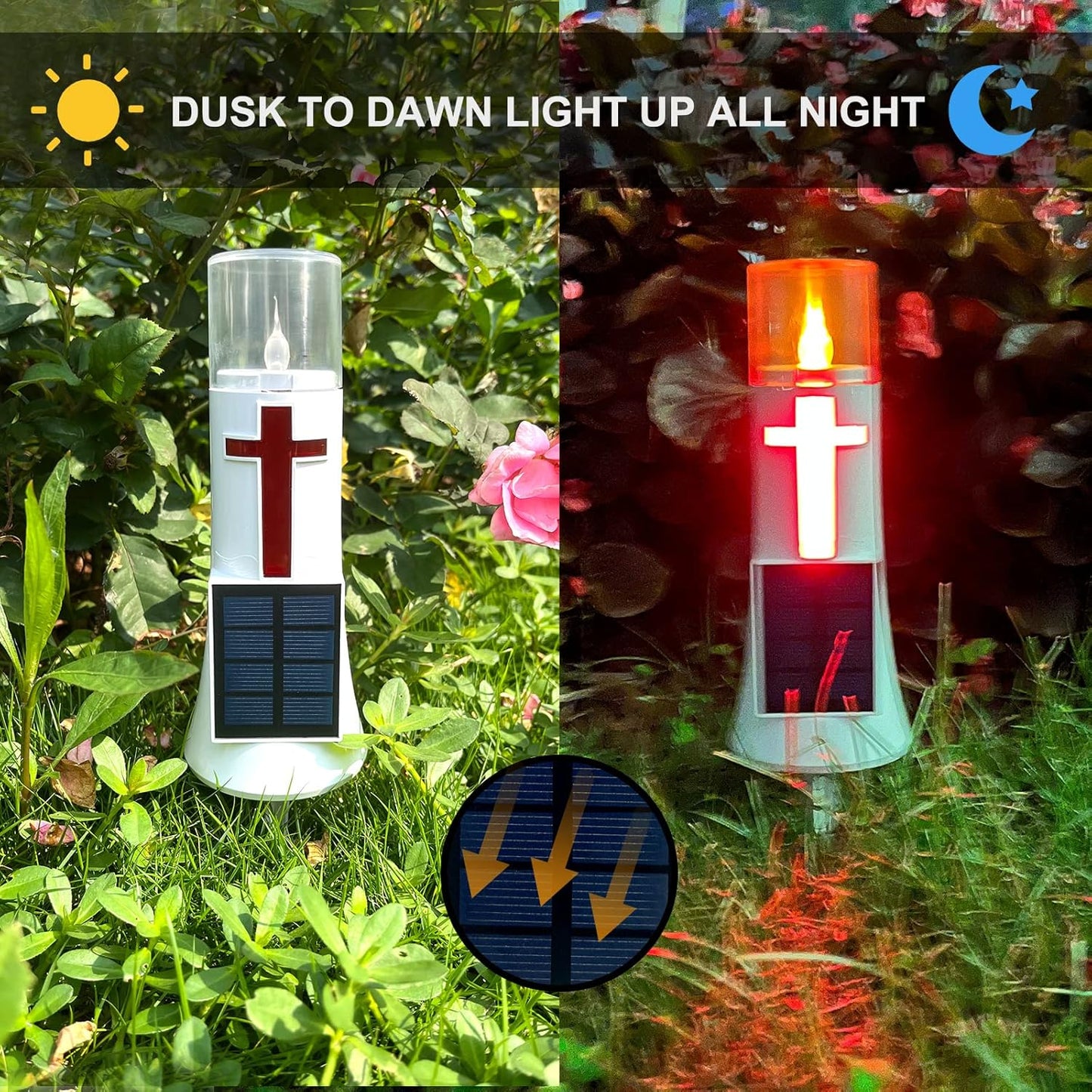 Waterproof Outdoor Solar Powered Flameless Candle LED Light Cross Grave Decoration Cemetery Light Blessed Candles for Home Memorial Decoration,Yard (2PACK)