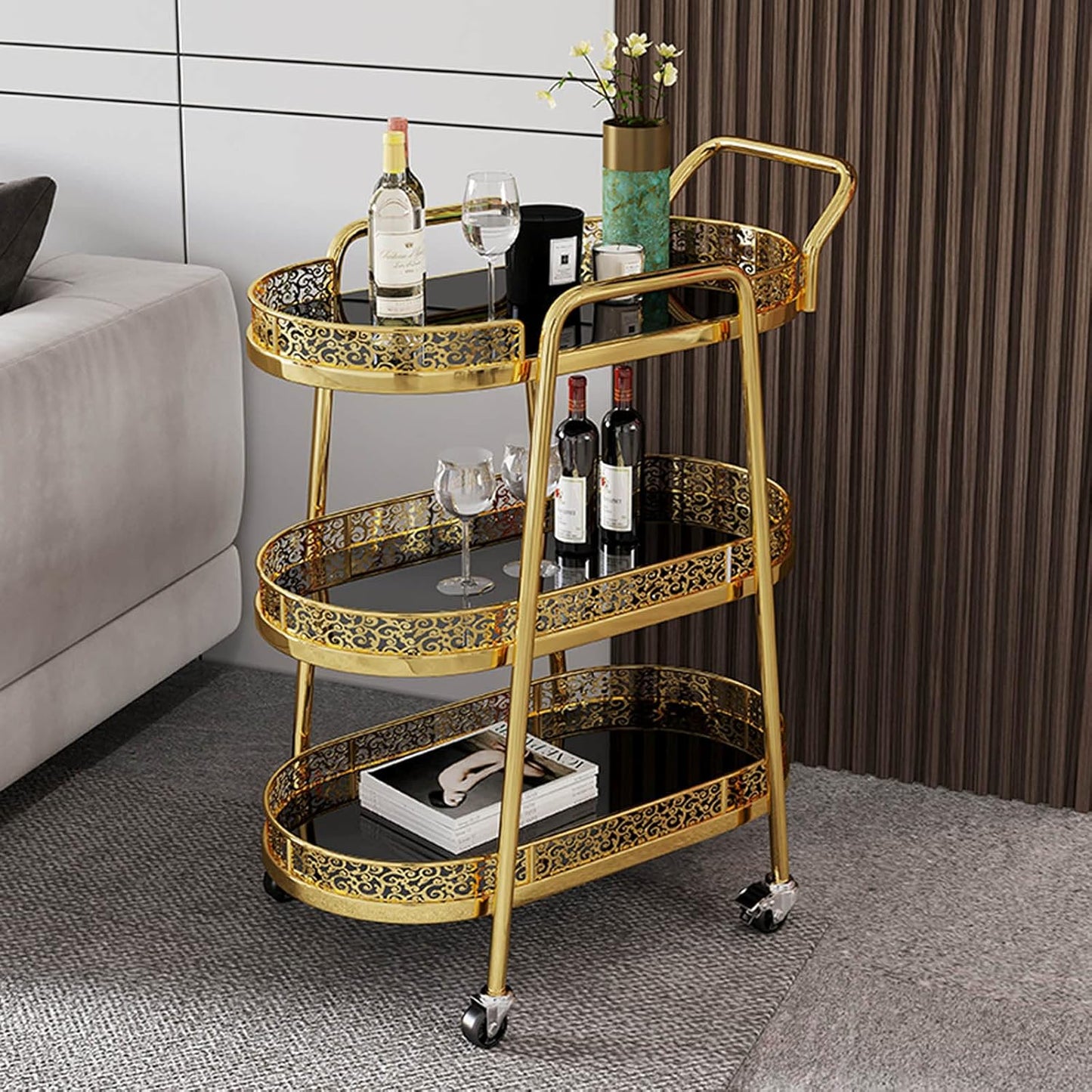 Retro Wrought Iron Kitchen Service Trolley, Household Wine Trolley and Tea Trolley, Wheeled Beauty Salon Trolley (White 3 Layers) (Golden 3 layers)