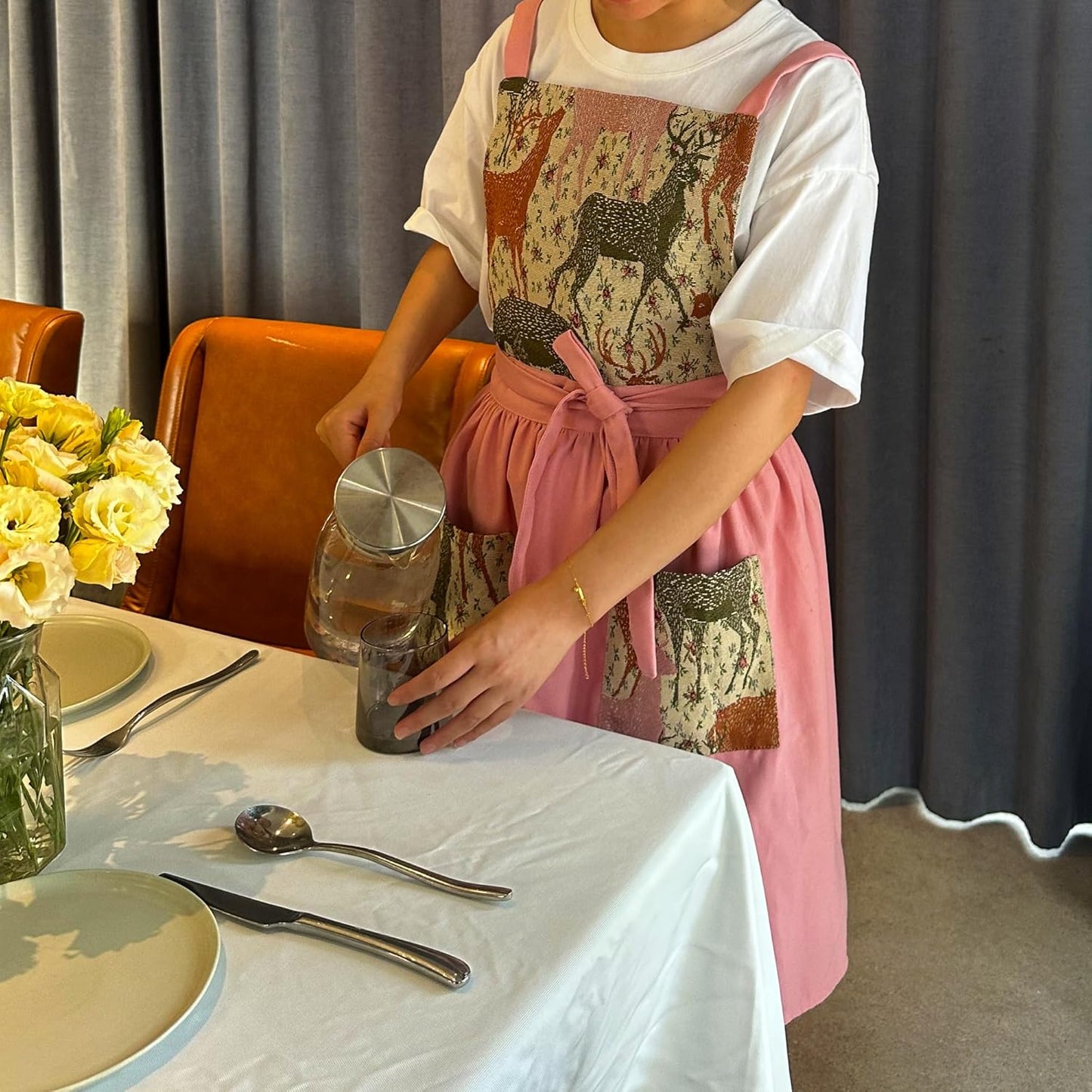 Kitchen Apron with Pockets, Womens Pinafore Dress, Floral Apron for Cooking Gardening, Gift for Mom, Wife, Girlfriend