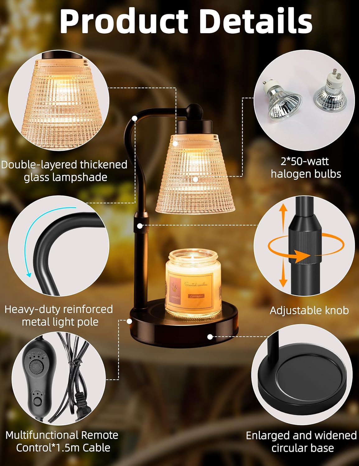 Candle Warmer Lamp for Jar Candles, Height Adjustable & Dimmable with 2/4/8H Timer, 2*50W Halogen Wax Melter Warmer for Home Office Décor, Flameless & Smokeless, Gift for Women Mom, Black-Clear/1 Pack