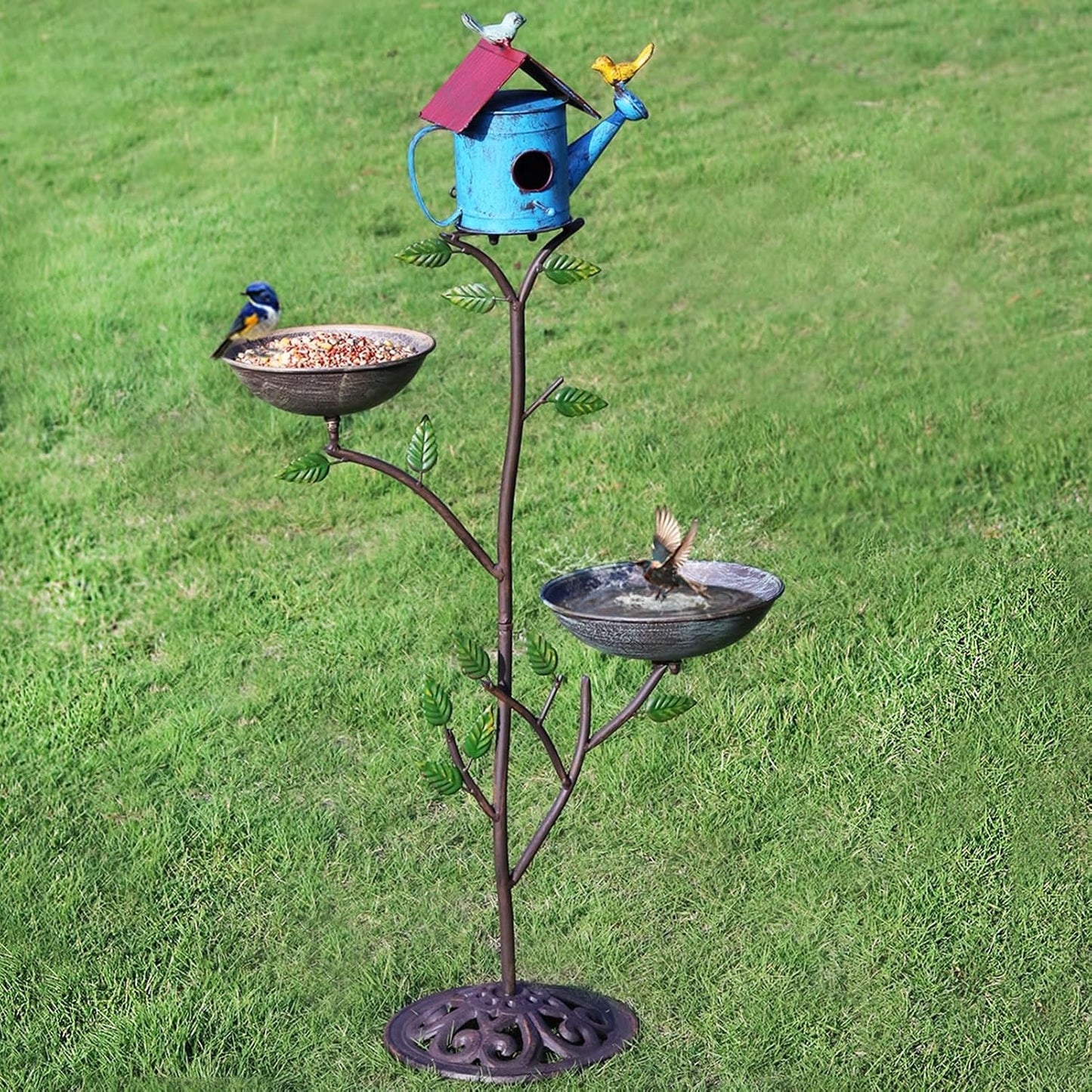 Metal Birdhouse Outdoor, Birdhouse Pole – Integrates Bird Feeder and Bird Bath, 3-in-1 Multi-Functional for Yard Decorations Outdoor, Cast Iron Base