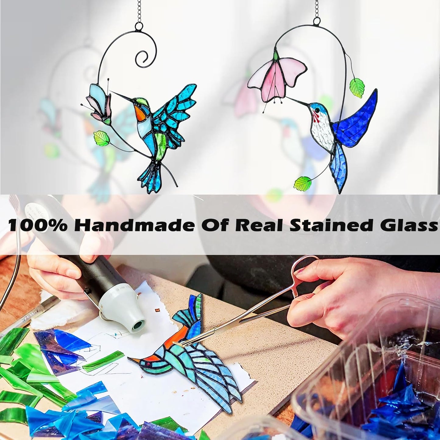 2 Packs Hummingbird Stained Glass Window,Stained Glass Window Hanging,Hummingbird Ornament,Handmade Real Suncatchers Decor for Women Mom Grandma Bird Lovers