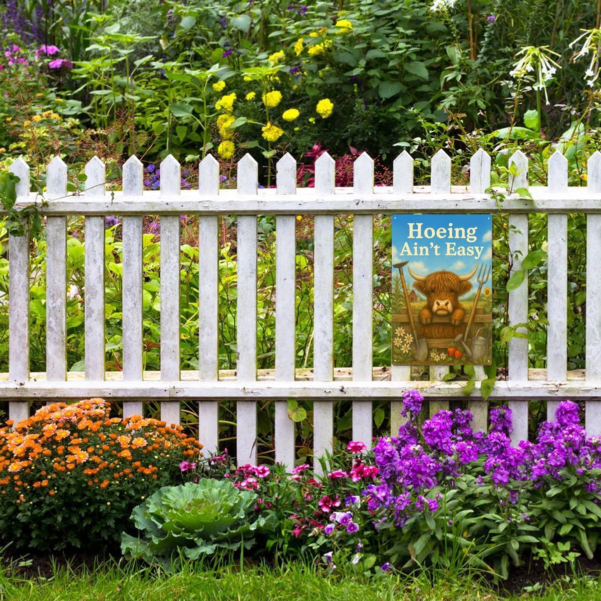 “Hoeing Ain’t Easy” Garden Sign, Funny Highland Cow Metal Yard Signs f