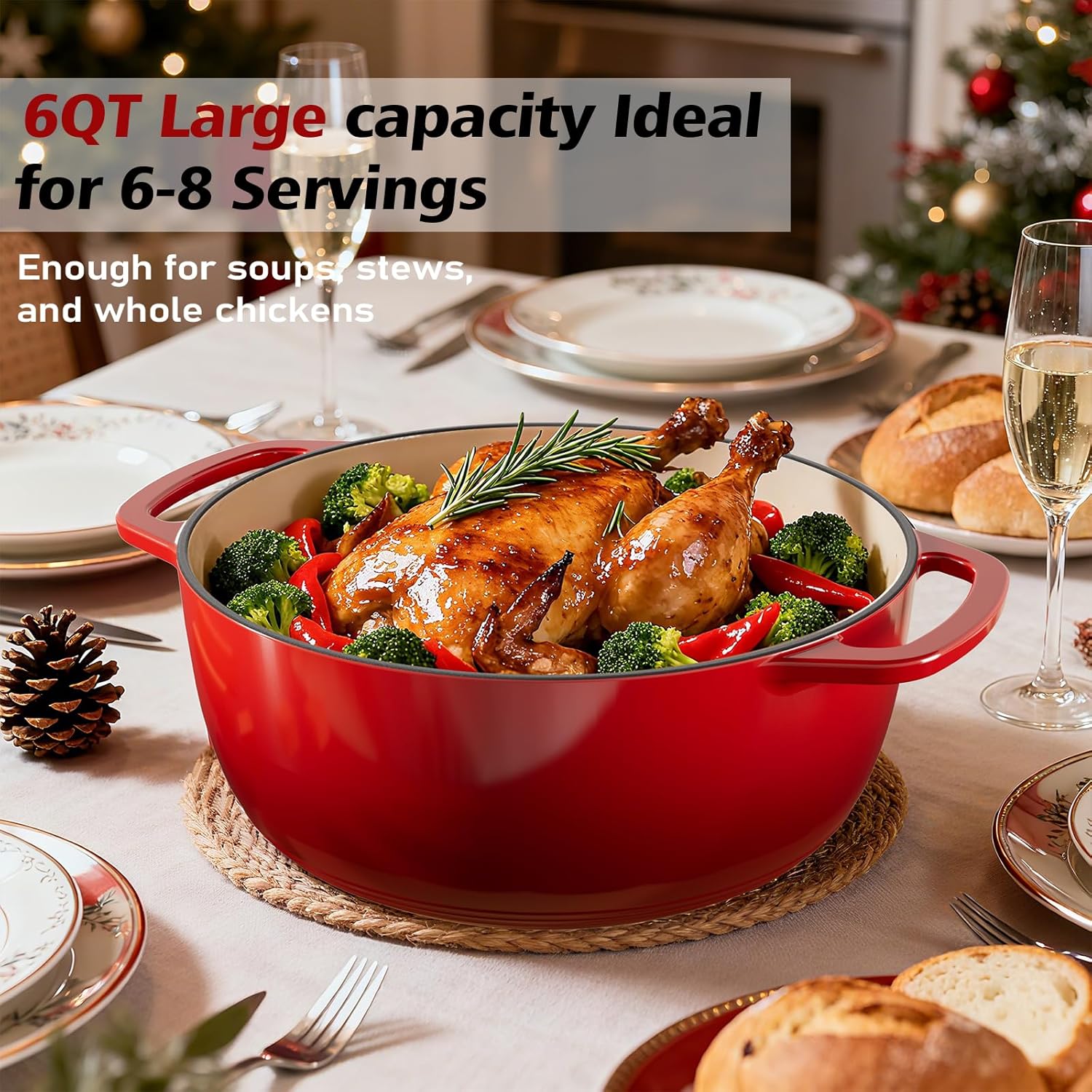 Umite Chef 6QT Enameled Cast Iron Dutch Oven with Lid, Versatile Heavy