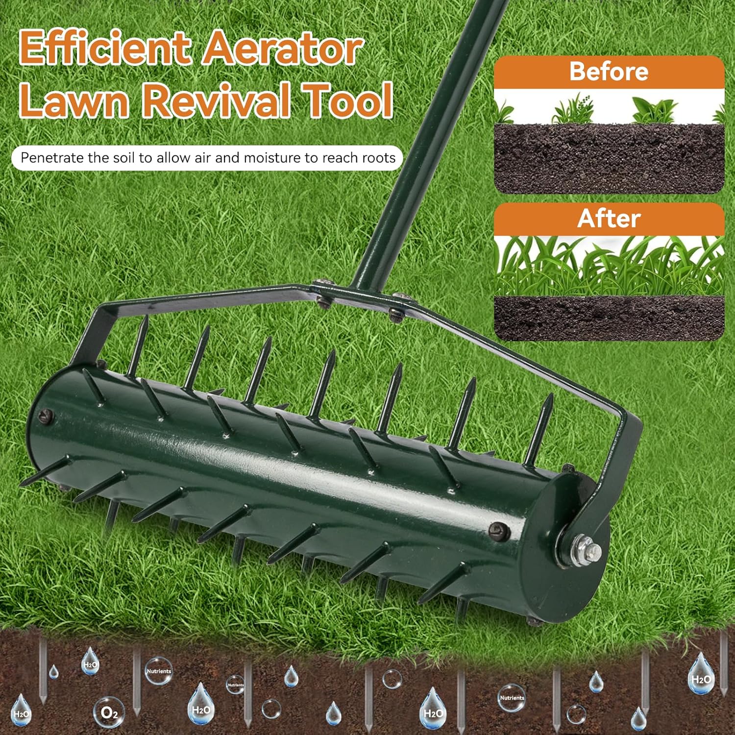 21" Rolling Lawn Aerator, Heavy-Duty Manual Aerator Tool with 2.2" Pre