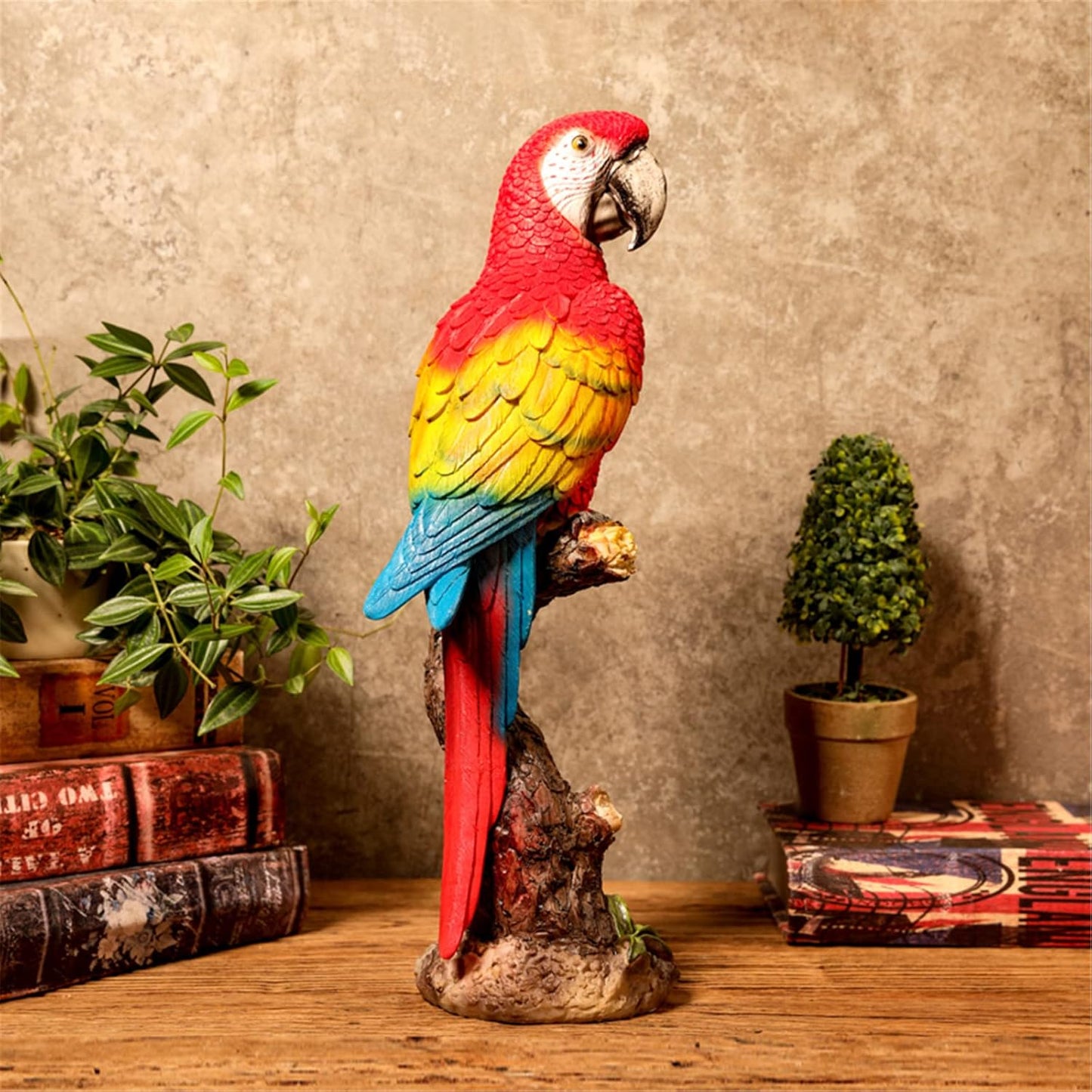 Macaw Parrot Tree Hugger Garden Statue, Resin Parrot Figurine - Lifelike Tropical Bird Sculpture for Patio Lawn Yard Home Desktop Decoration - Red
