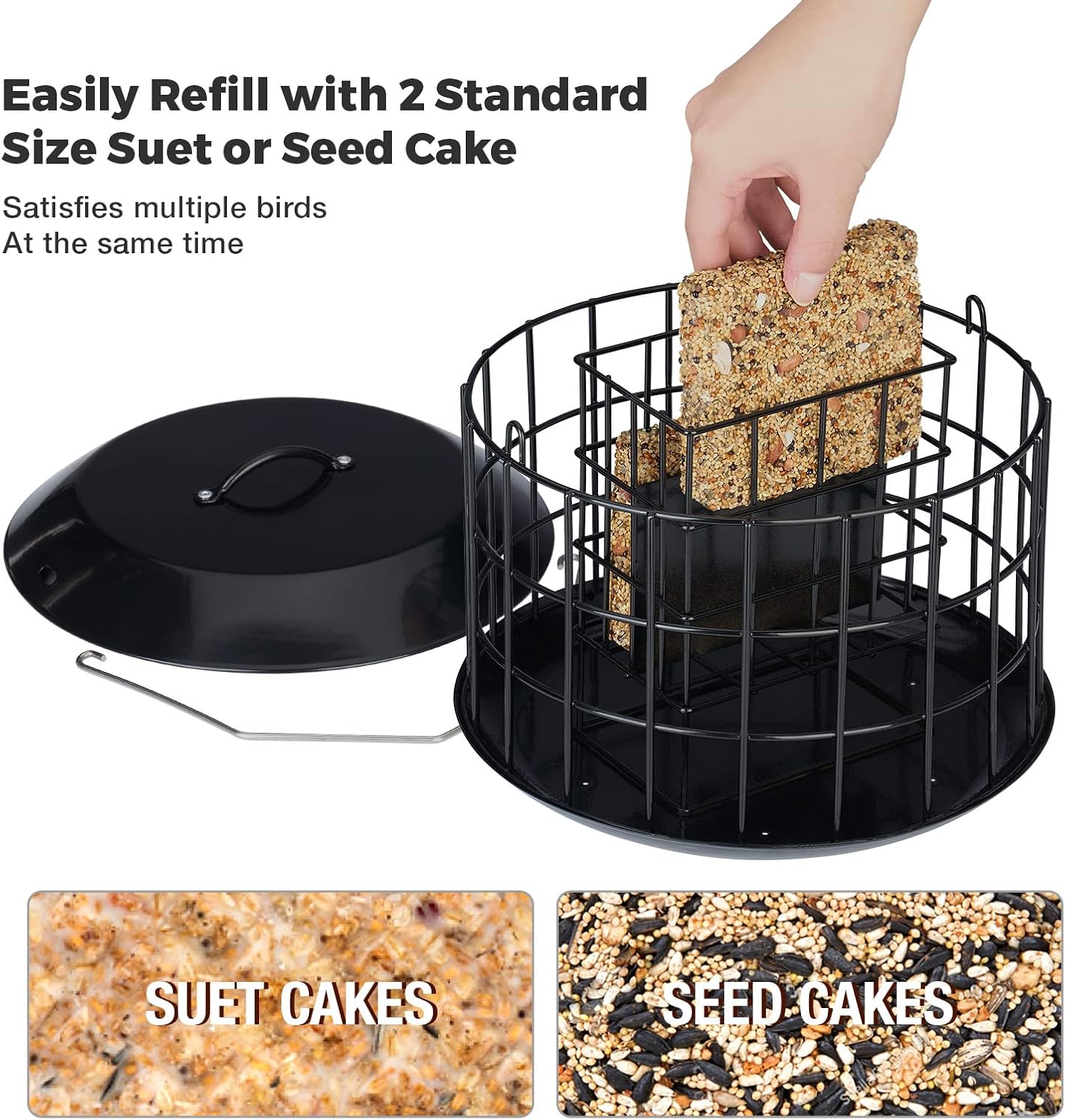 Kingsyard Squirrel Proof Suet Feeder, Cage Bird Feeders for Outdoors Hanging, All Metal, Double Suet Cake Capacity, Tray & Weatherproof, Black