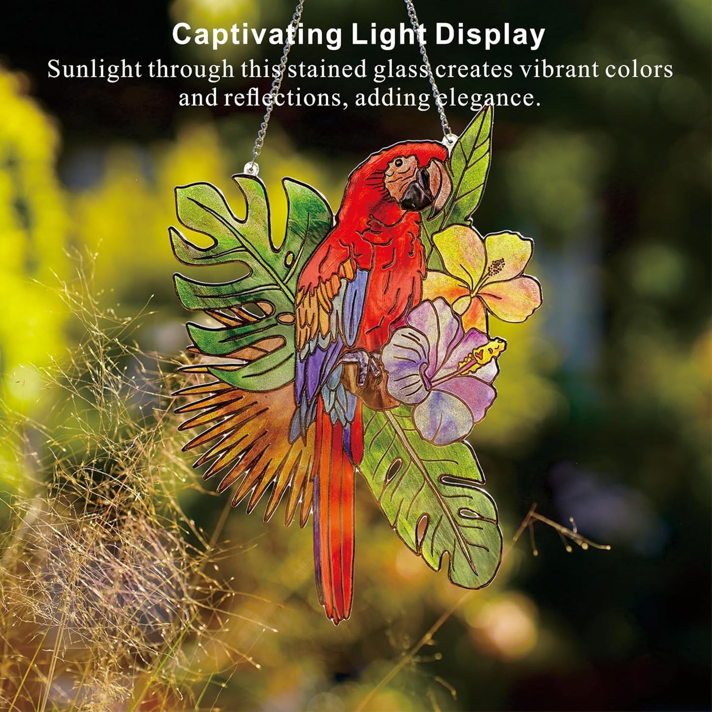 Stained Glass Window Hanging Birds, Marzovitra 12 inch Large Parrot Suncatchers for Windows Hanging Hummingbird Gifts Bird Decor for Garden, Home Sun Catcher Window Decor Glass Art Decor (Red)
