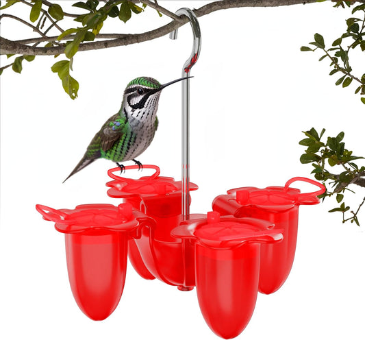 Red Plastic Small Hummingbird feeders for Outdoors Hanging, ant Moat, Bee Guards, 4 Feeding Ports & Perches, Easy to Clean and Refill, Including Hanging Hook/Cleaning Brushes & Pointed Water Bottle