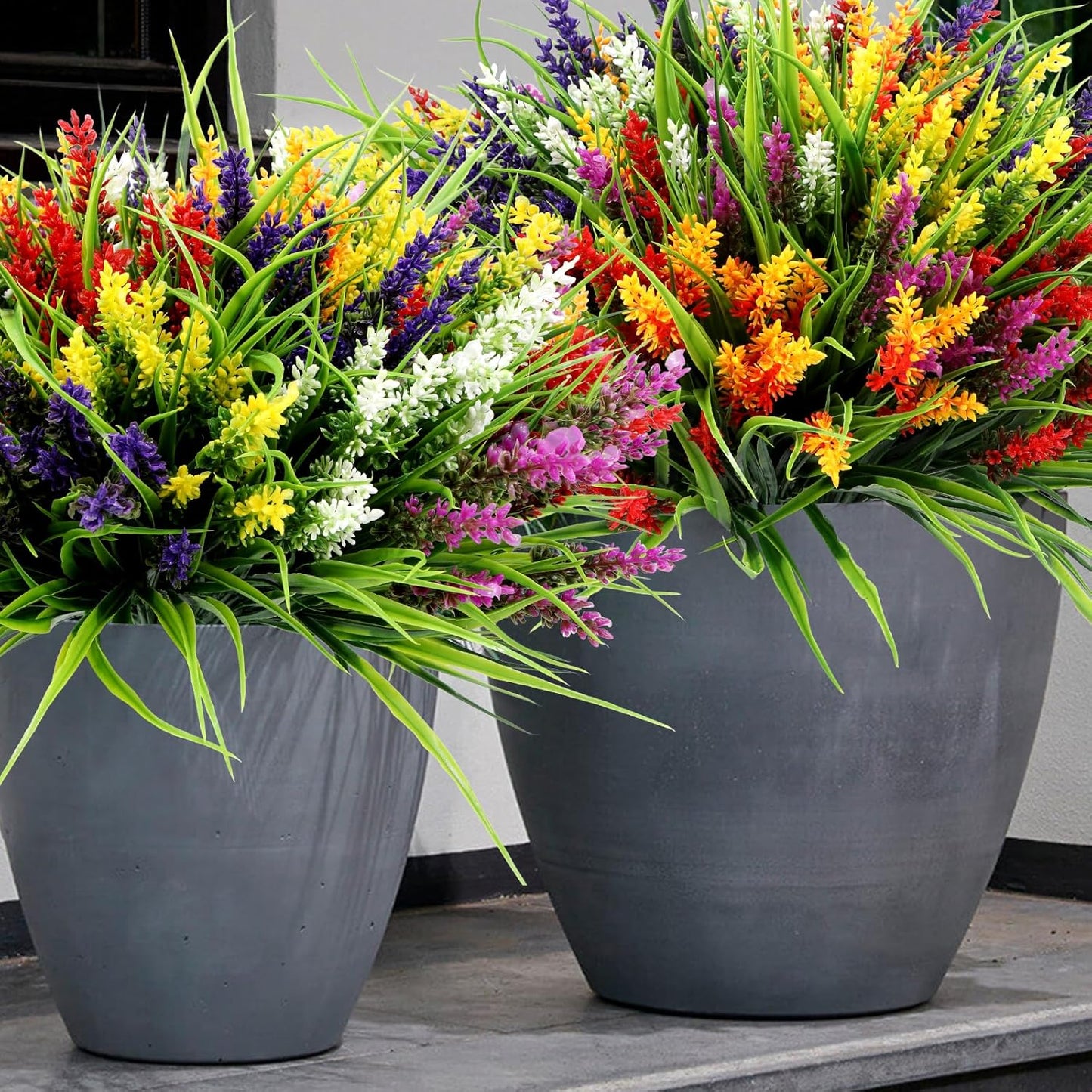 Geegoods Artificial Plants Flowers Outdoor – 24 Bundles UV Resistant Faux Lavender Flowers with Monkey Grass for Garden Porch Window Patio Hanging Planter Decor