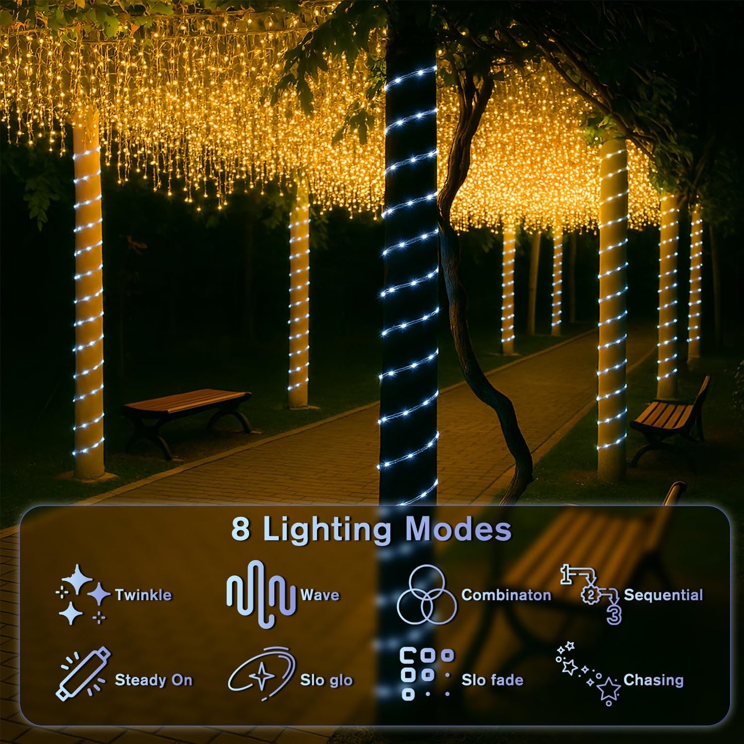 ANJAYLIA 33FT 100 LED Solar Rope Lights Outdoor Waterproof, Solar Powered Rope String Lights with 8 Modes for Outdoor, Patio, Garden, Camping, Holiday & Christmas Décor Cool White