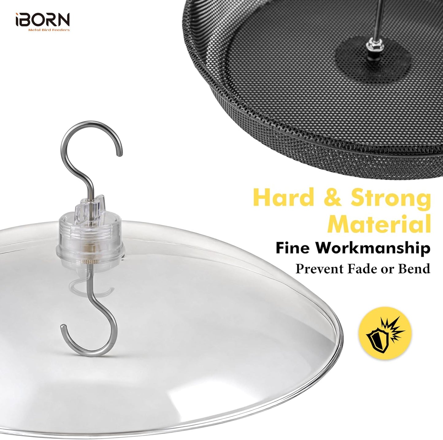 iBorn Hanging Bird Feeder Tray & Rainroof Cover, Bird Feeder Bowl with 13”Bird Feeder Cover for Rain Guard, Chew-Proof Polycarbonate & Thick Metal Hanger, Easy to Refill & Clean, Transparent & Black