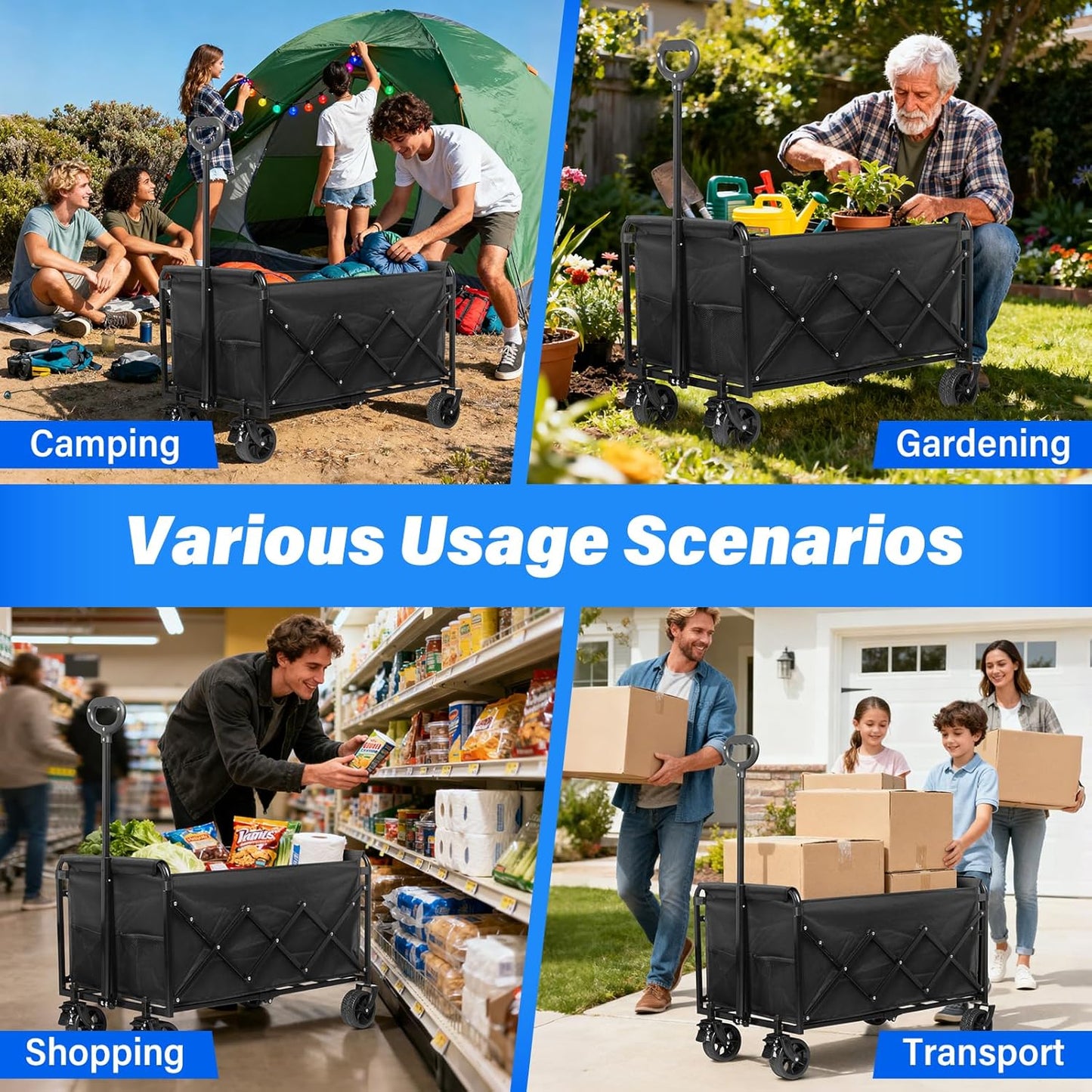 Large Folding Wagon Cart Heavy Duty, Collapsible Utility Wagon with Large Capacity and Adjustable Handle, Portable Outdoor Wagon for Camping, Sports, Beach, Gardening, Shopping and Tailgate
