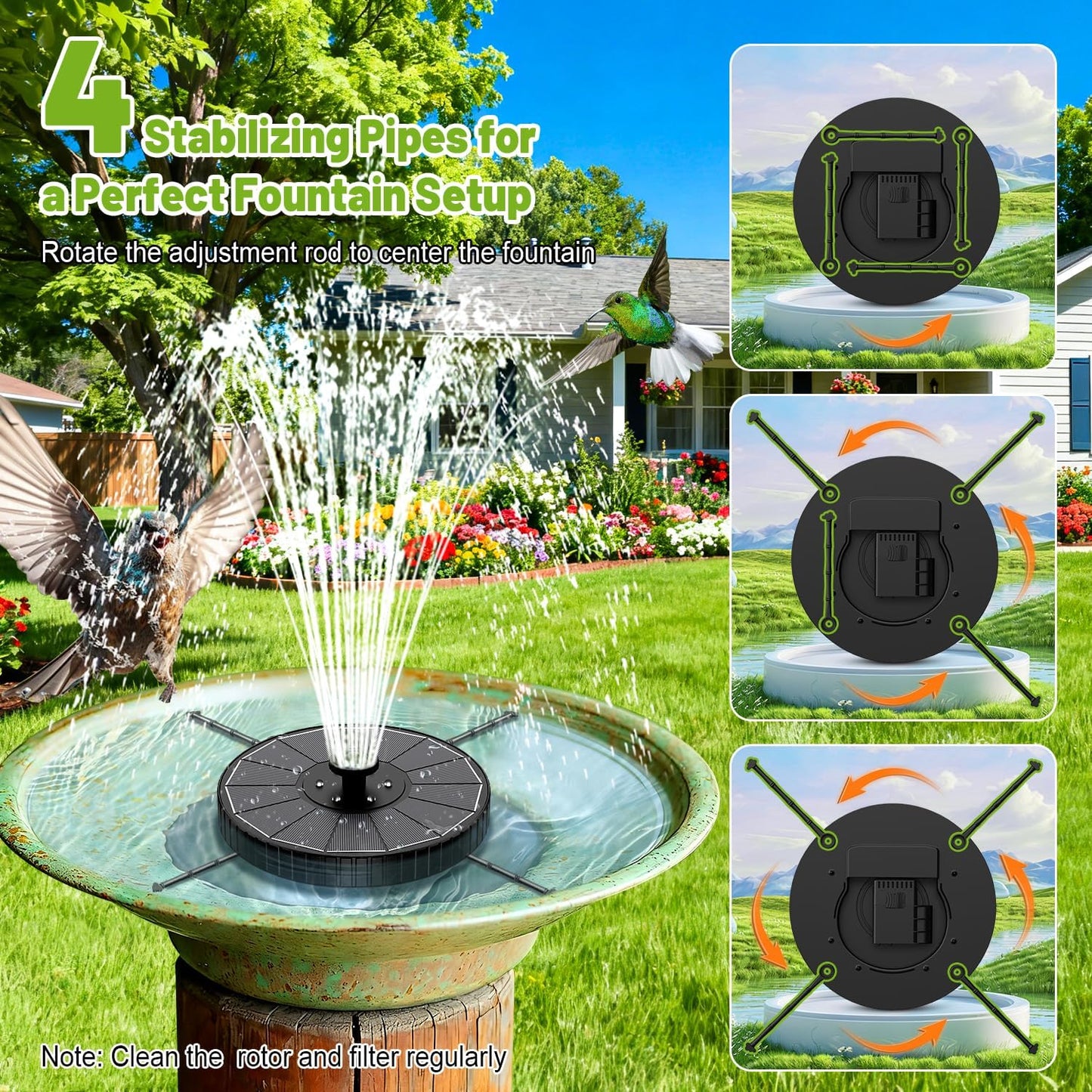 Solar Fountain with 3 Spray Height, Colorful Led Lights, 3.5W Glass Solar Bird Bath Water Fountain with 2000mAh Battery, 4 Rotating Rods and 7 Nozzles for Hummingbird Bathing, Outdoor Decor